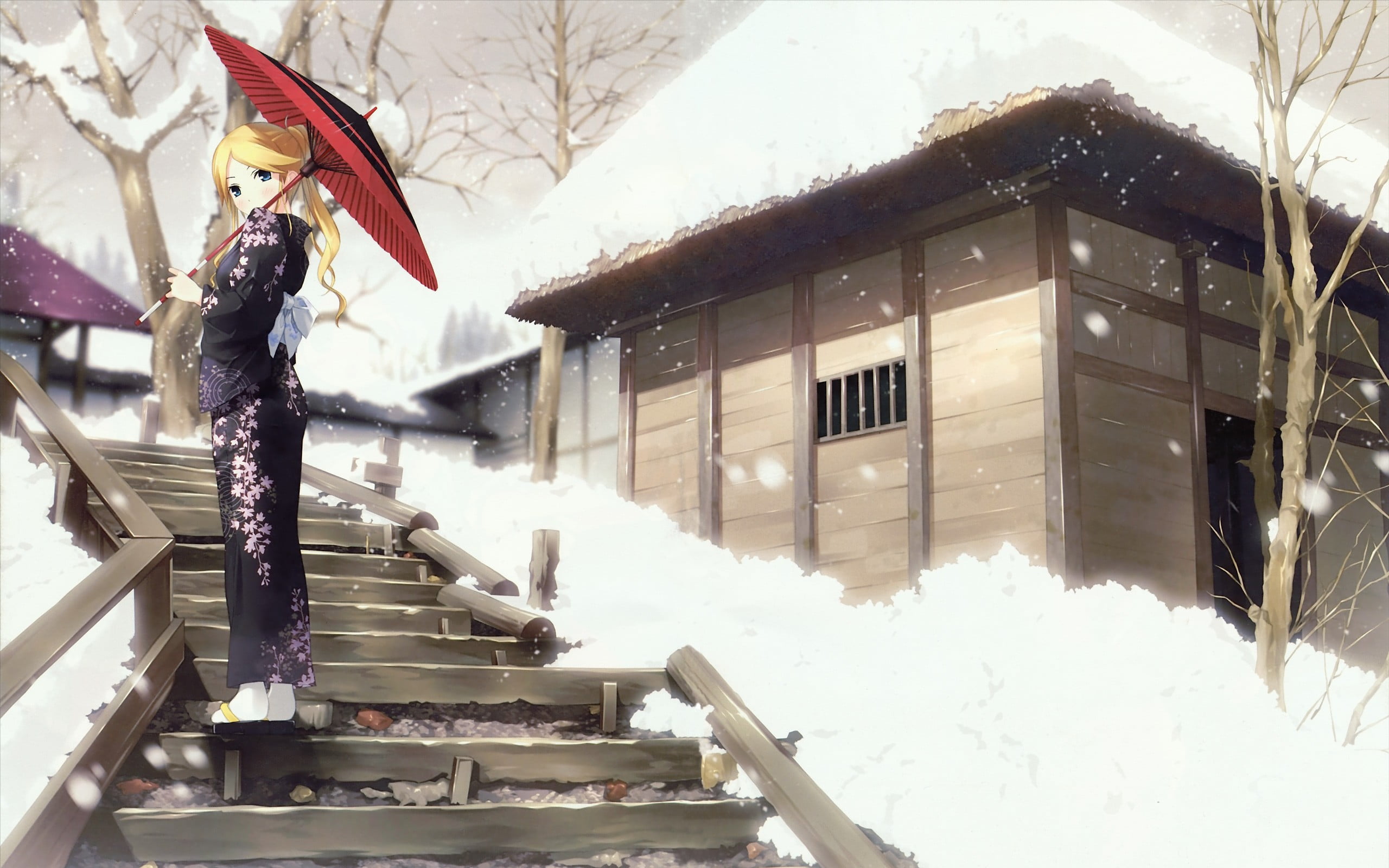 winter, built structure, 2K, snow, warm clothing, character, protection, snowing, white color, day, staircase, people, holding, red, outdoors, architecture, HD Wallpaper