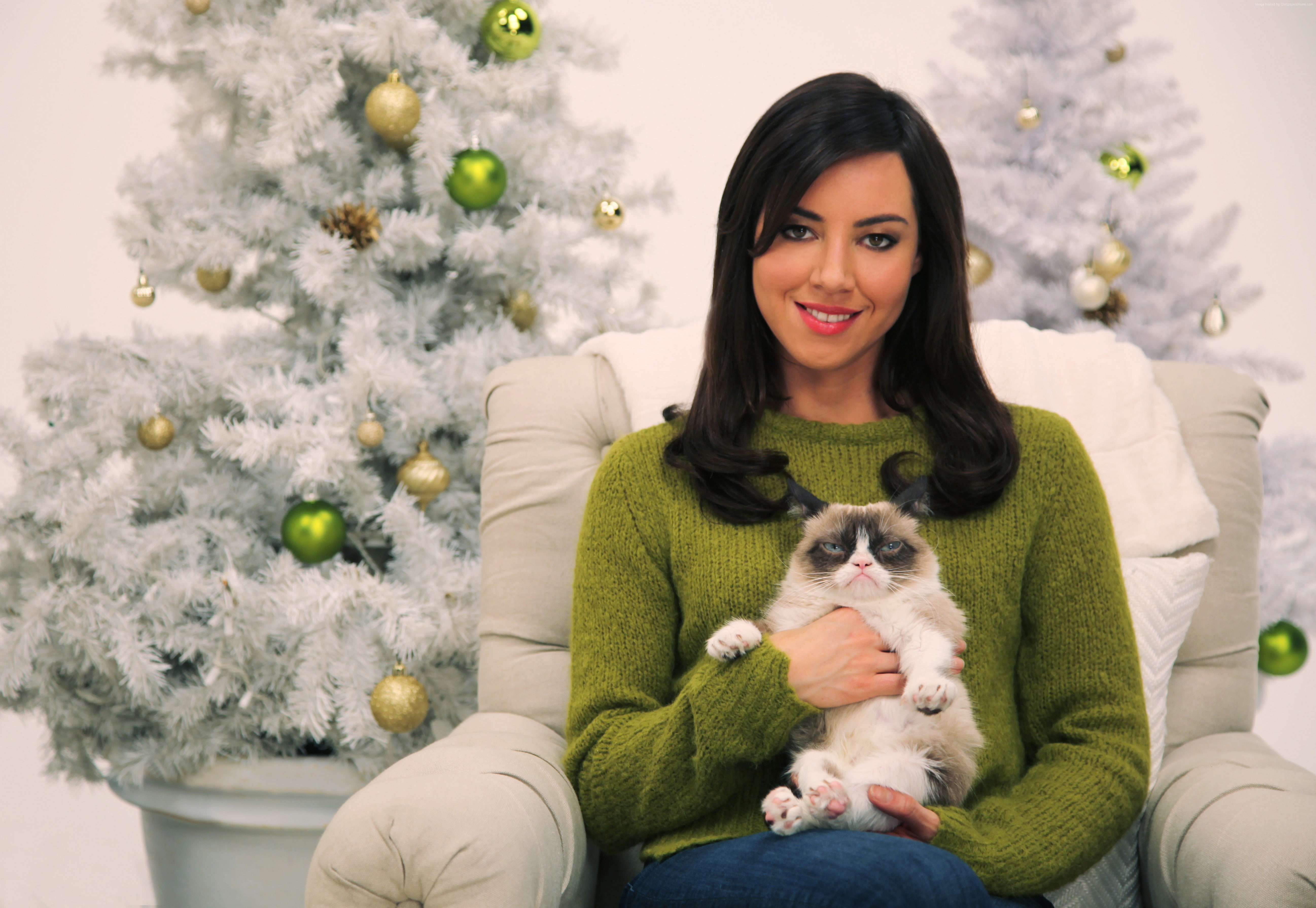 real people, three quarter length, 5k, animal themes, pets, young adult, sitting, front view, one animal, photo, looking at camera, Aubrey Plaza, celebration, HD Wallpaper