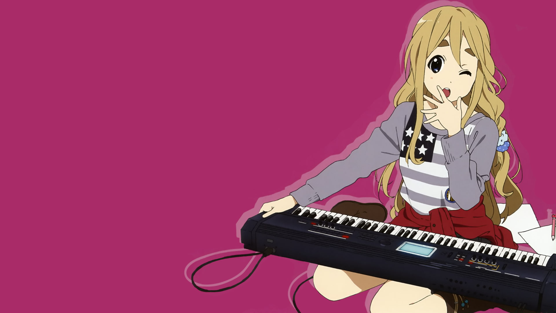 music, representation, Kotobuki Tsumugi, studio shot, 1080P, colored background, pink color, hairstyle, creativity, K-ON!, musical instrument, arts culture and entertainment, HD Wallpaper