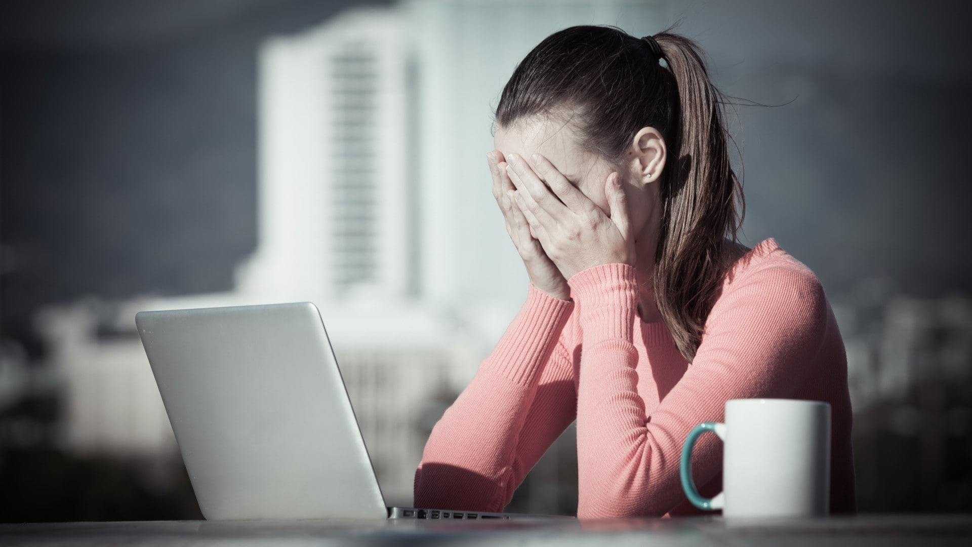 model, ponytail, cup, women, tired, 1080P, laptop, HD Wallpaper