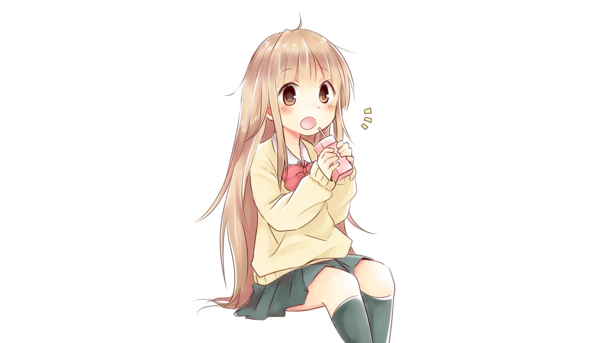 kneehighs, seifuku, (artist), drink, brown, tanaka-kun, kedaruge, white, miyano, eyes, blonde, hair, loli, skirt, itsumo, 1080P, tagme, HD Wallpaper