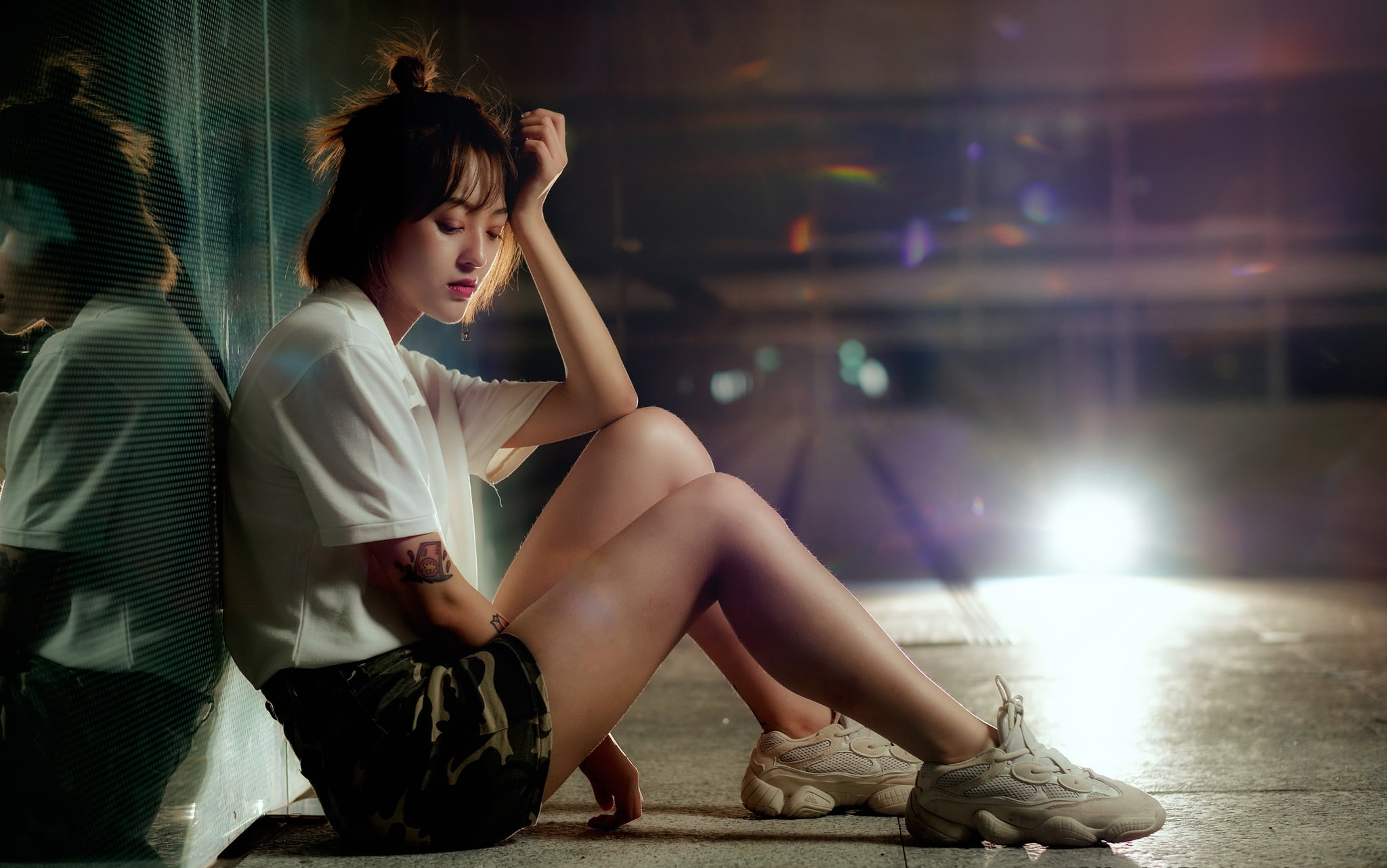 women outdoors, 1080P, hairstyle, sneakers, illuminated, full length, sitting, casual clothing, women, beautiful woman, adult, real people, one person, HD Wallpaper