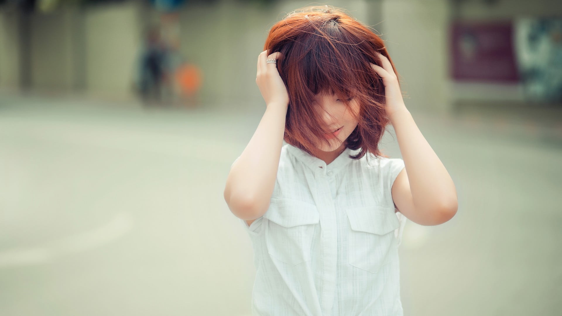 emotion, contemplation, one person, obscured face, redhead, hairstyle, waist up, front view, real people, smiling, sadness, closed eyes, short hair, white tops, HD Wallpaper