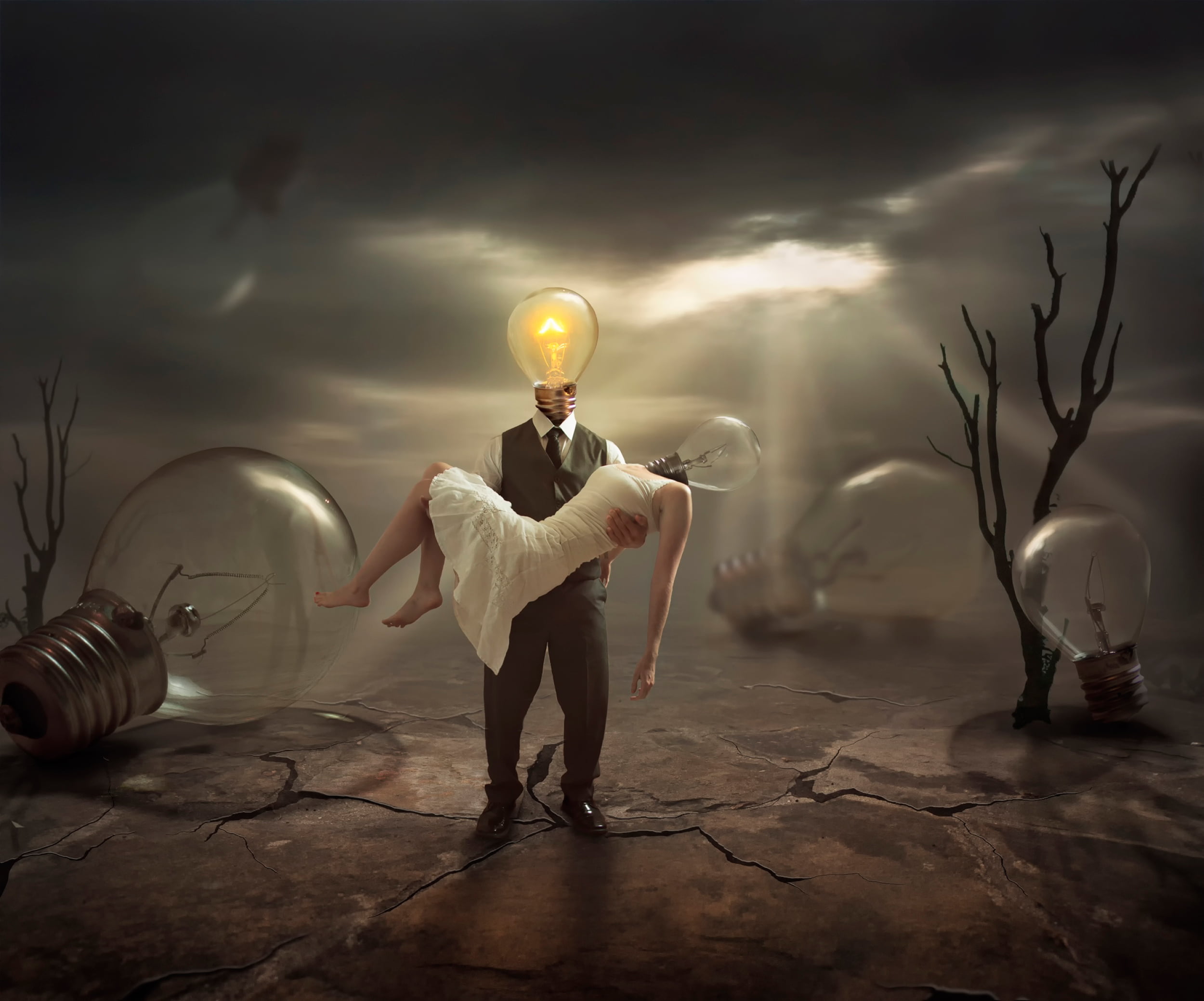 businessman, bulbs, full length, light - Natural Phenomenon, sky, nature, success, concepts, carrying, digital composite, one Person, inspiration, dark, HD Wallpaper