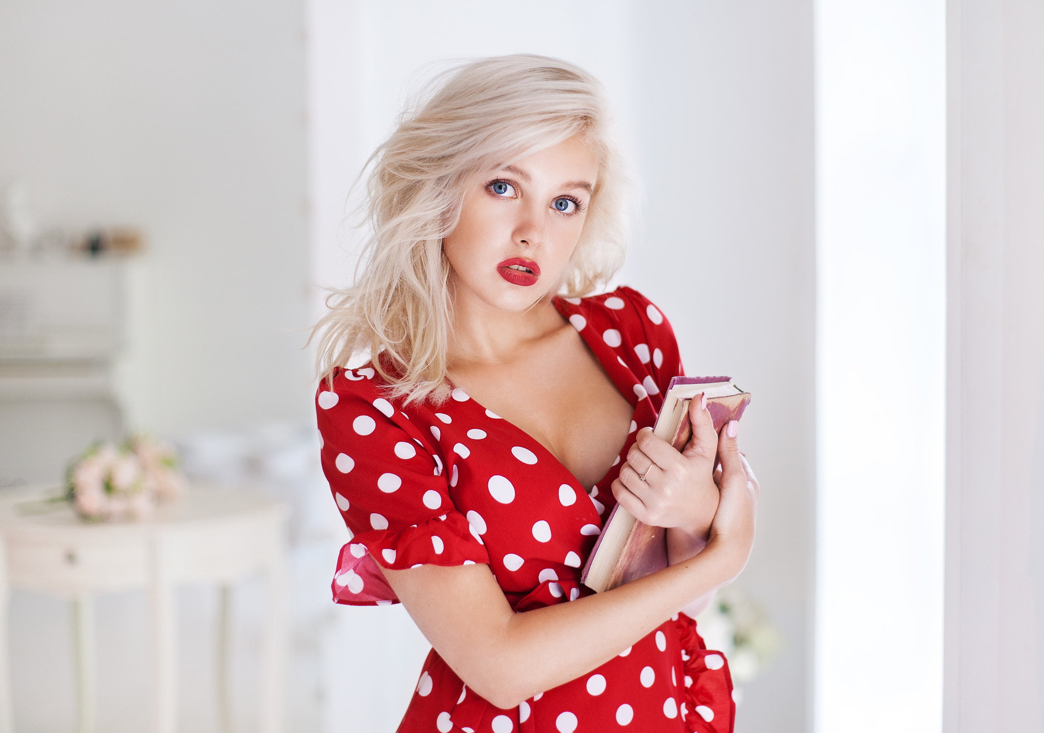 Maxim Maximov, 1080P, polka dots, Christina Artemyeva, red dress, red lipstick, women, pink nails, books, blue eyes, blonde, HD Wallpaper
