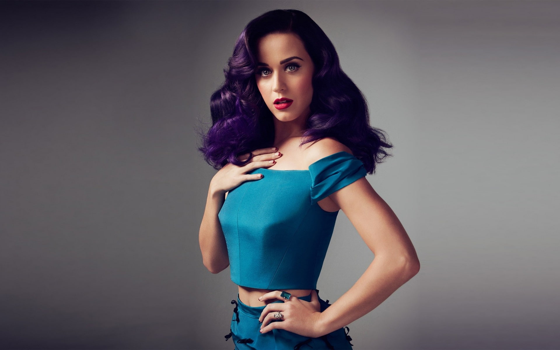 pink nails, red lipstick, blue dress, Katy Perry, brunette, looking away, eyeliner, 1080P, model, portrait, blue hair, women, HD Wallpaper