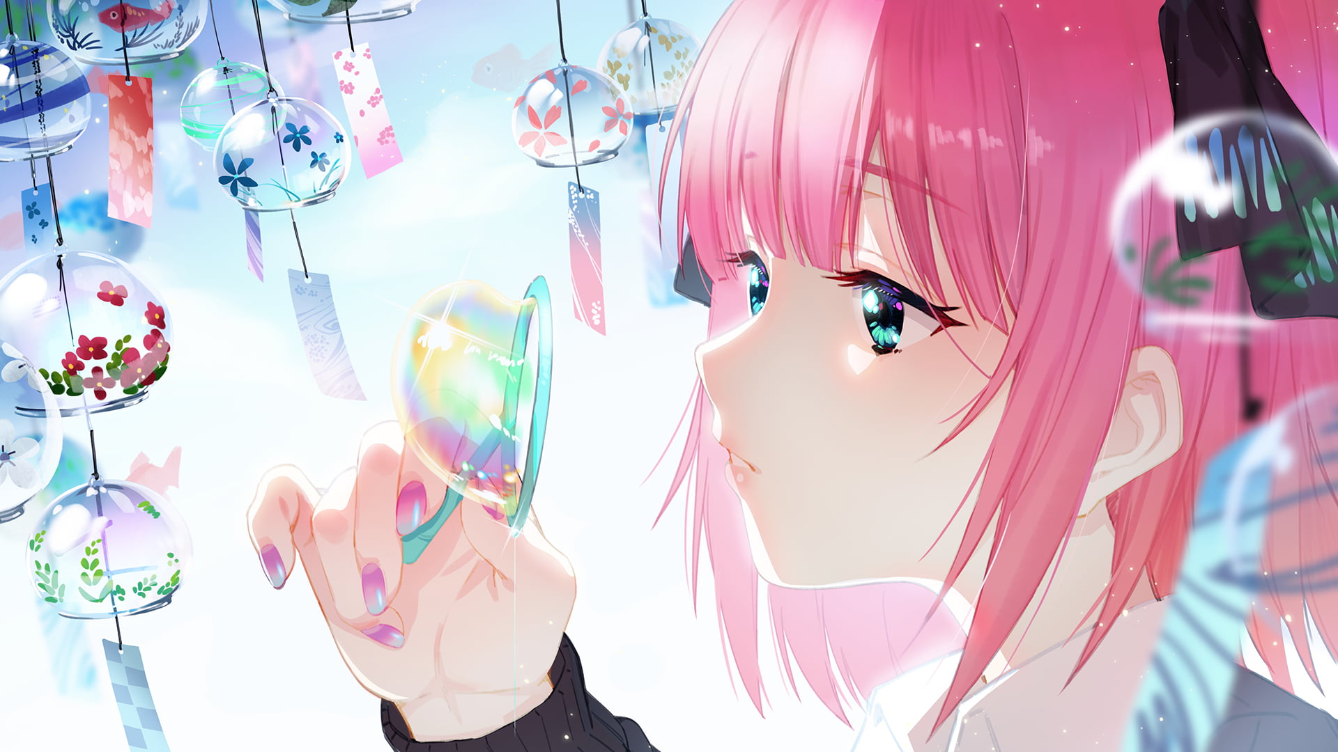 1080P, pink nails, Nakano Nino, bubbles, pink hair, anime girls, aqua eyes, anime, HD Wallpaper