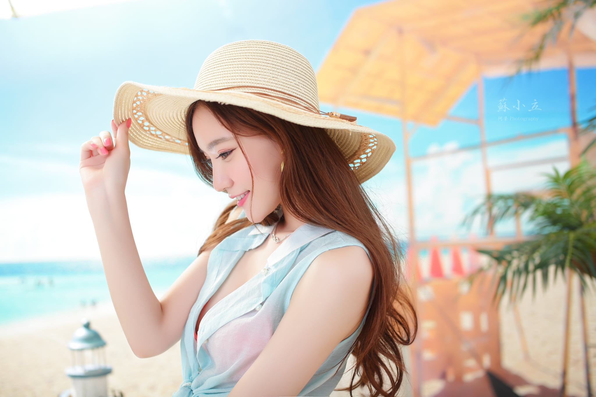 beautiful woman, clothing, fashion, hair, beach, lifestyles, waist up, pink nails, pink lipstick, portrait, focus on foreground, Asian, clear sky, model, HD Wallpaper