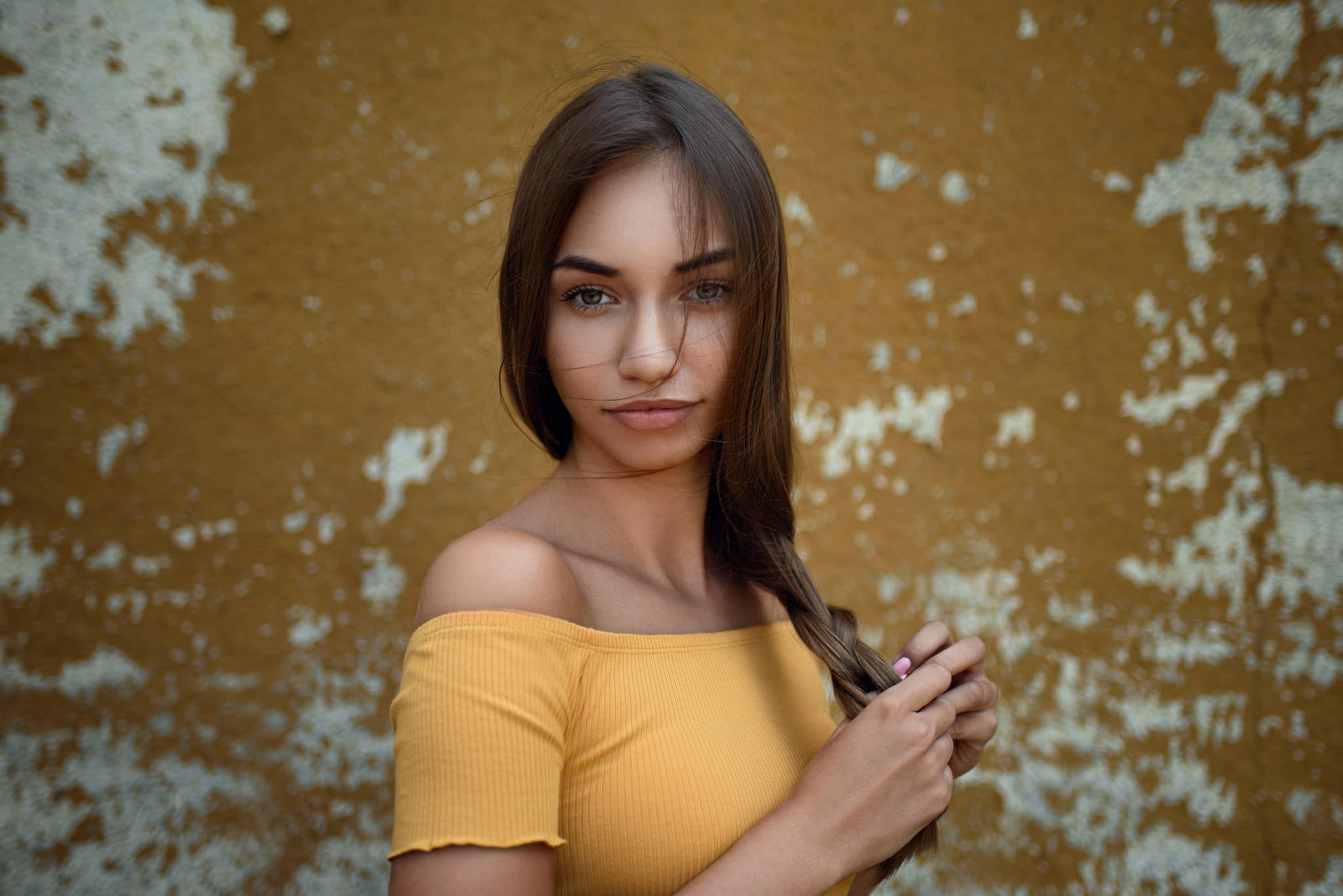 young women, teenager, 1080P, standing, yellow clothing, pigtails, young adult, tanned, wall, portrait, yellow tops, smiling, adult, beautiful woman, waist up, HD Wallpaper