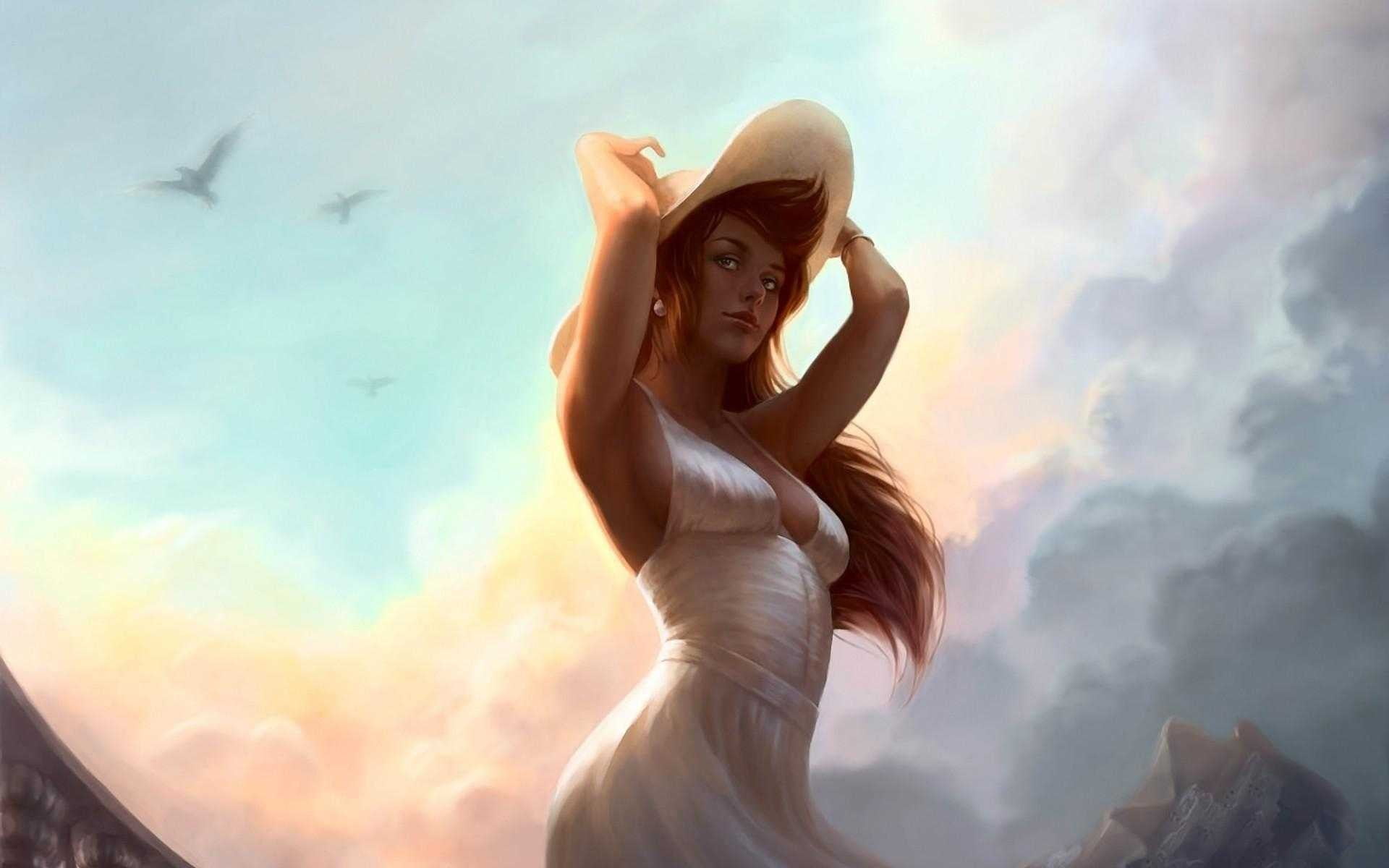 lifestyles, hairstyle, fashion, three quarter length, halter top, clothing, outdoors, white dress, relaxation, 1080P, nature, dress, freedom, women, leisure activity, HD Wallpaper