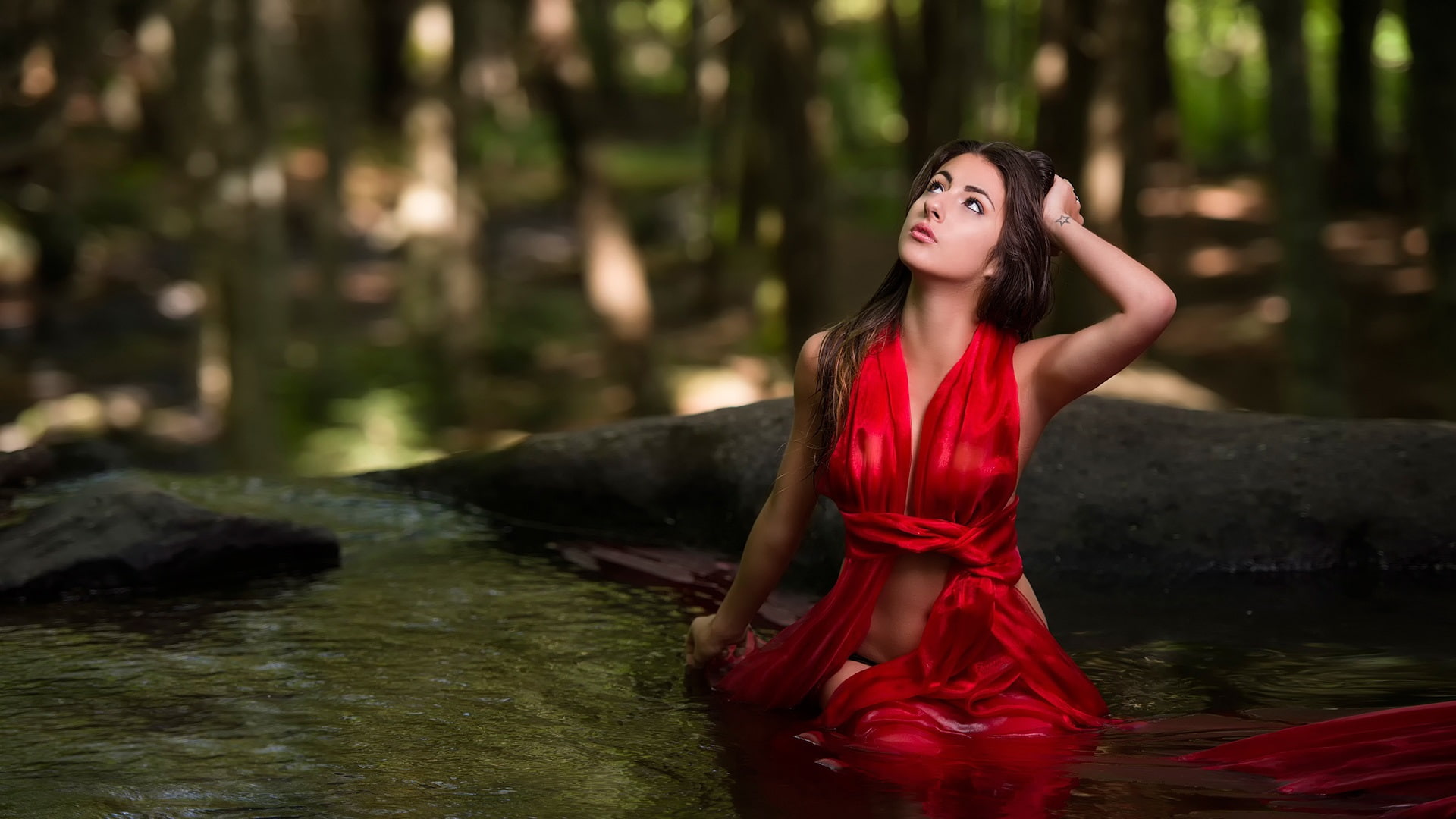 Water, 1080P, Dress, Girl, Red, halter, HD Wallpaper