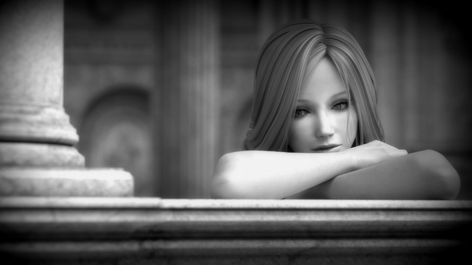 contemplation, 1080P, solitude, young women, digital art, sitting, adult, CGI, depression - sadness, looking away, headshot, emotion, one person, monochrome, HD Wallpaper