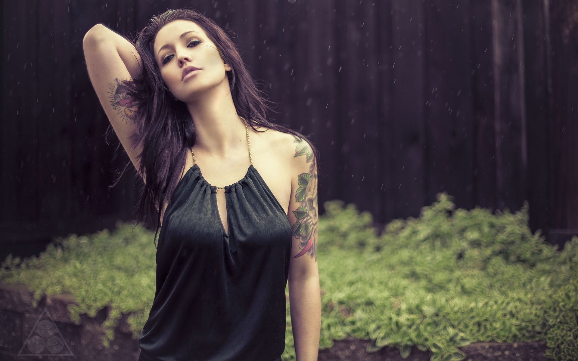 halter top, real people, brunette, looking at camera, tree, outdoors, one person, 1080P, land, standing, women outdoors, plant, model, beautiful woman, HD Wallpaper