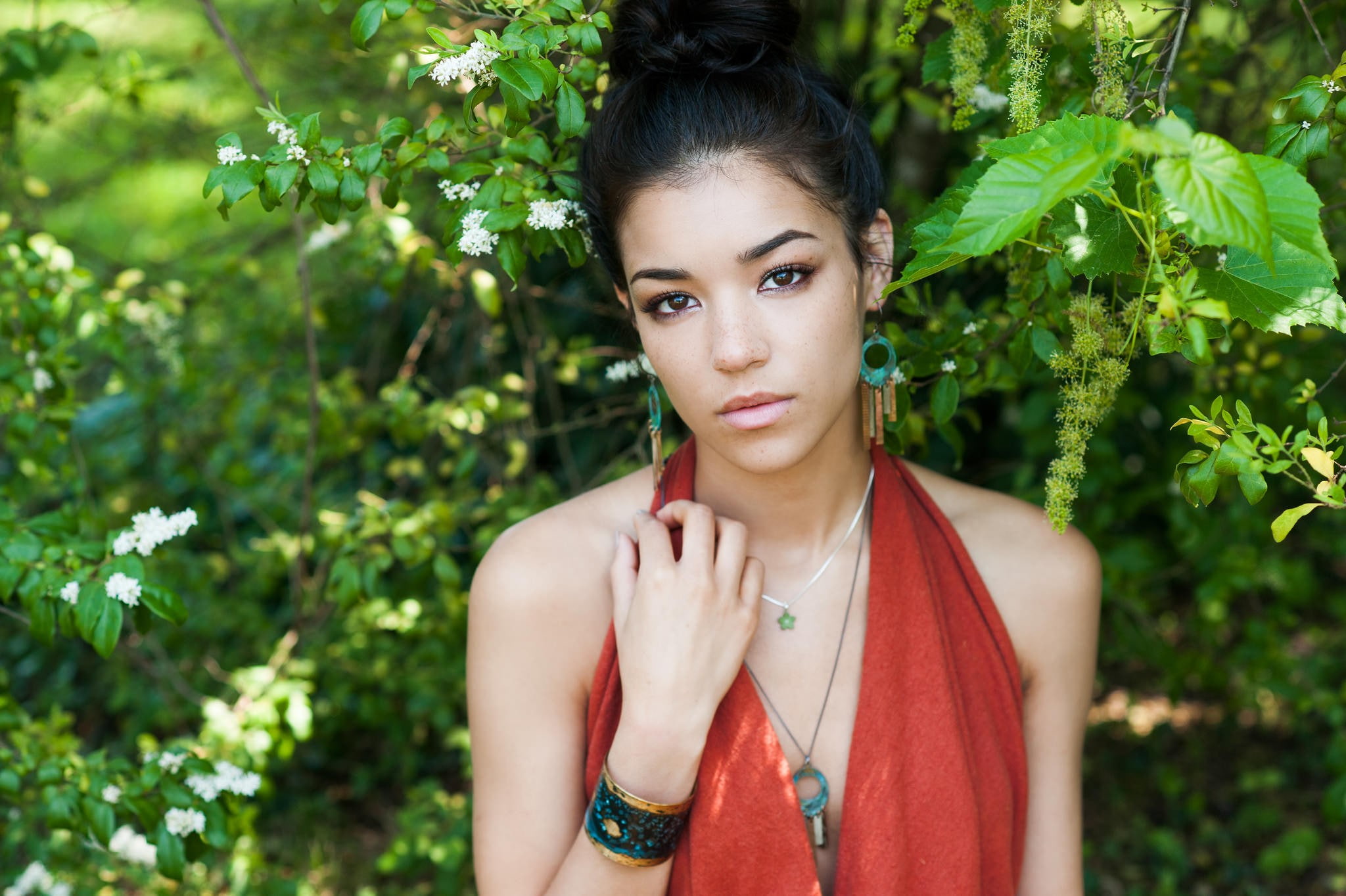 brown eyes, hairbun, 1080P, freckles, women outdoors, halter top, black hair, women, HD Wallpaper