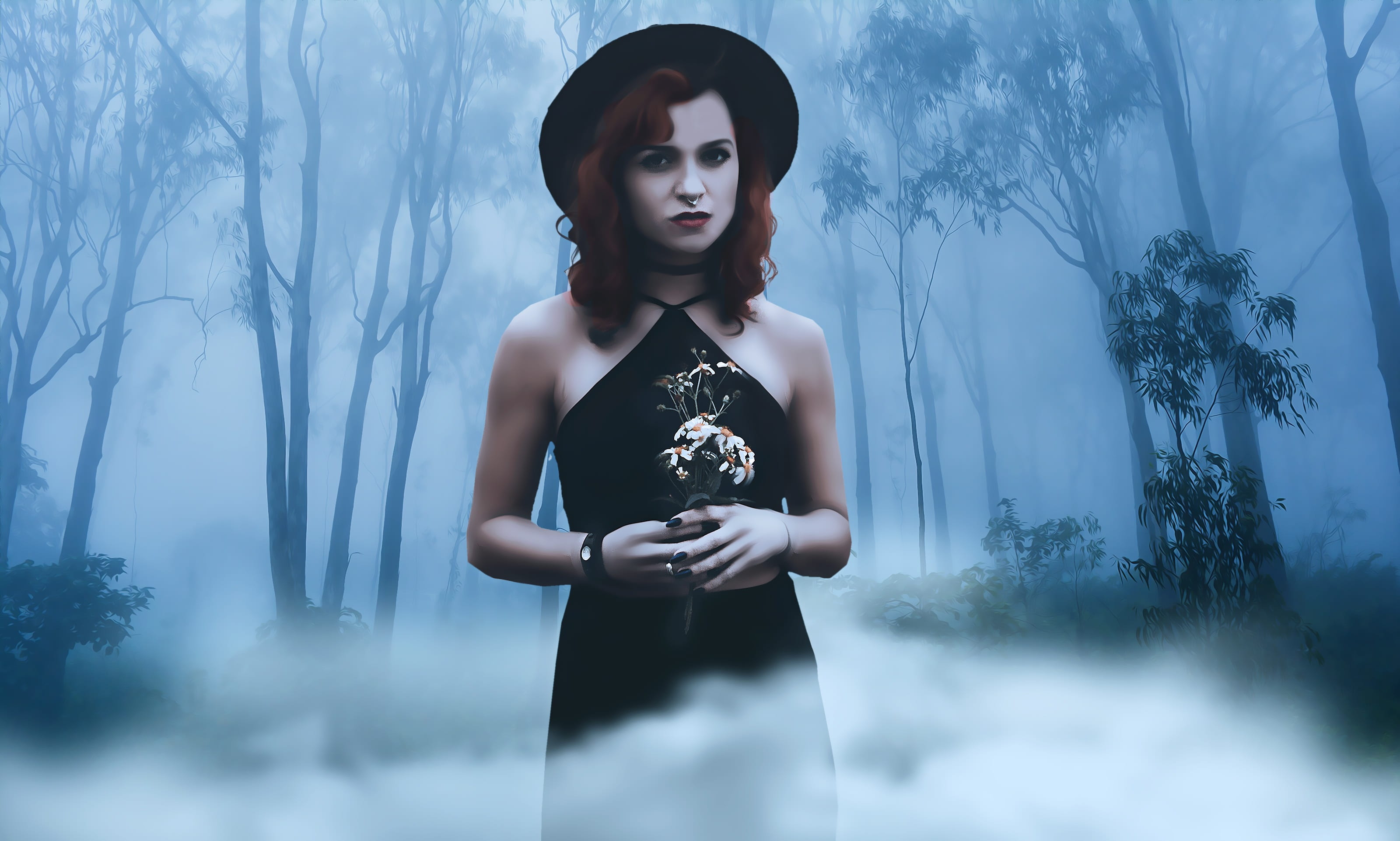 adult, outdoors, mist, one person, plant, strap, black hat, beauty, waist up, wearing, dark, 2K, lifestyles, tree, gothic girl, hat, looking, dark romantic, HD Wallpaper