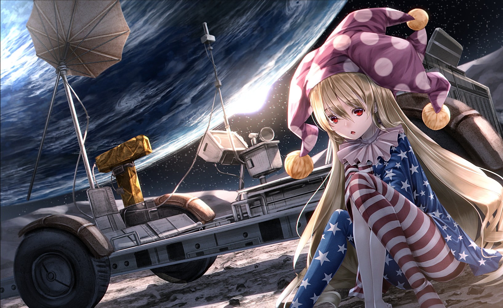 anime girls, lunar rover vehicle, Touhou, space, Clownpiece, Moon, anime, blonde, long hair, 720P, hat, HD Wallpaper