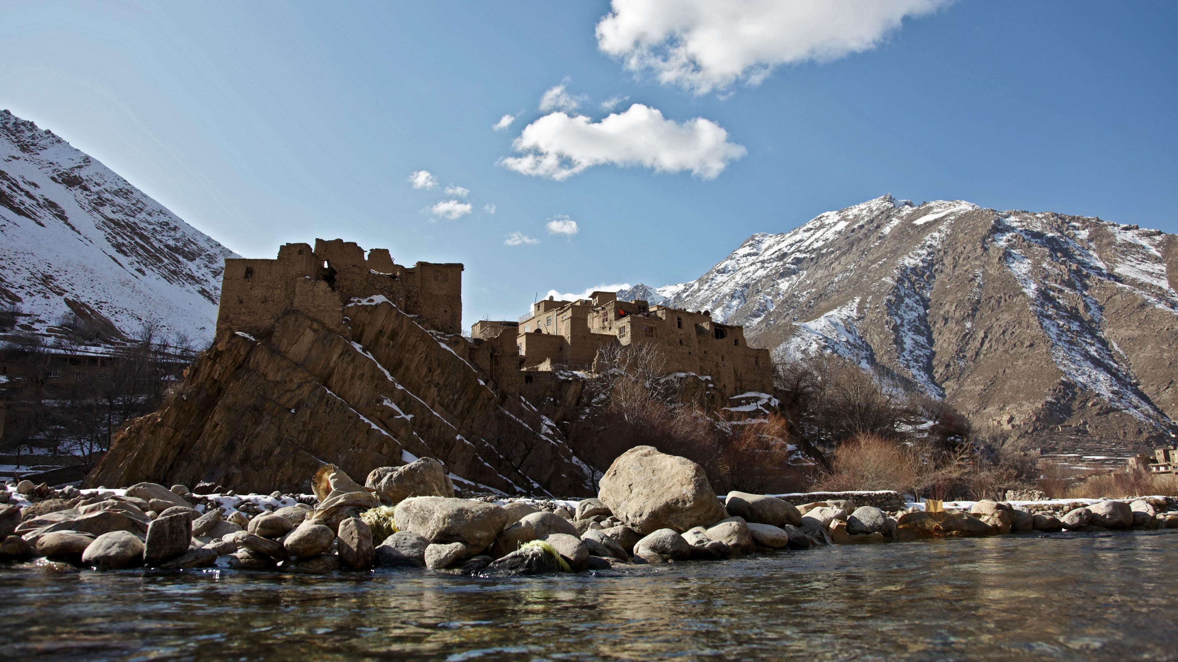 river, panjshir, snow, water, sky, 4K, valley, panjshir river, mountain, asia, afghanistan, winter, landscape, panjshir valley, houses, rock, darah, mountain range, HD Wallpaper