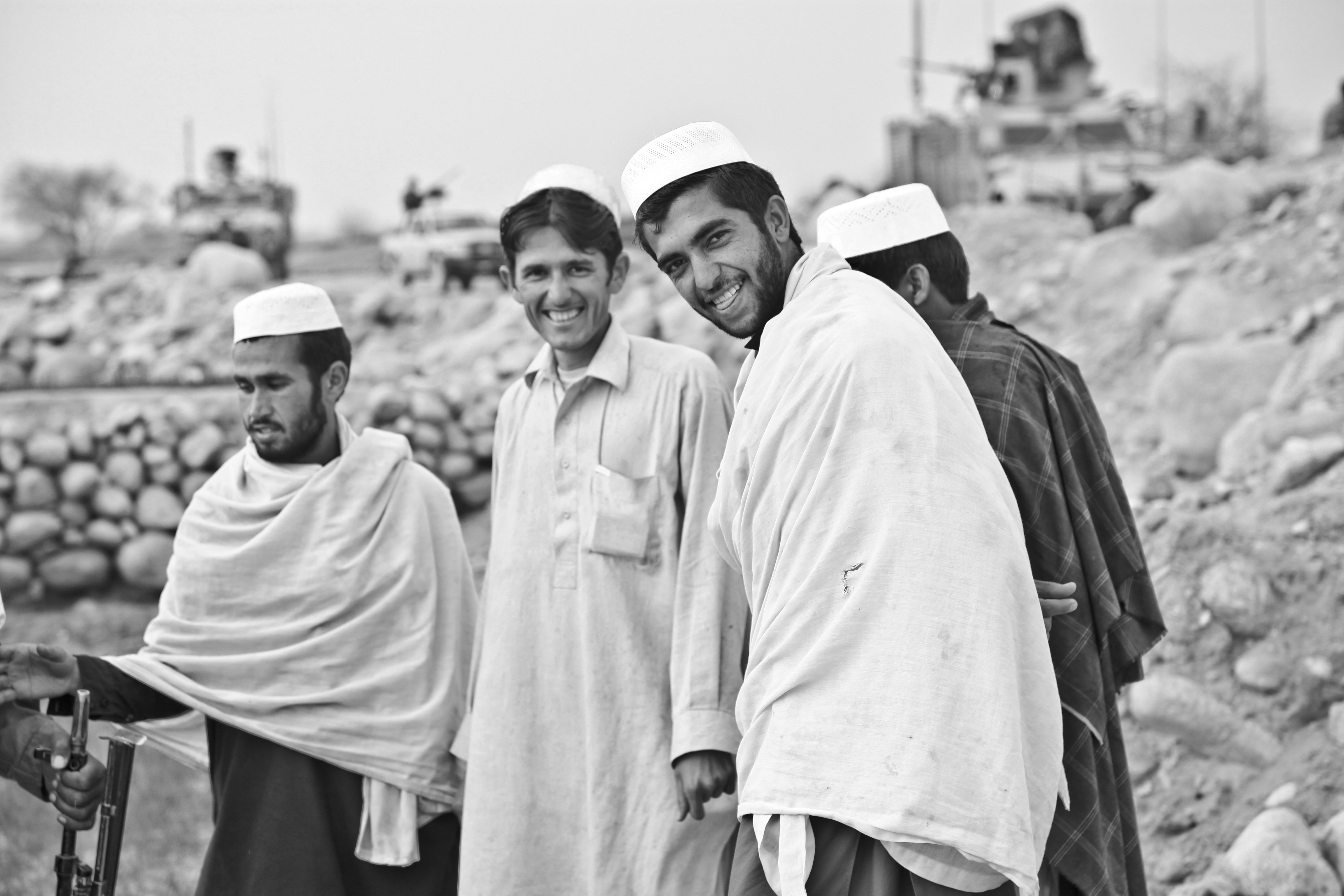 outdoors, afghanistan, muslim, friendship, clothing, adult, mid adult, group of people, construction industry, 5K, grayscale, day, persons, helmet, four, HD Wallpaper