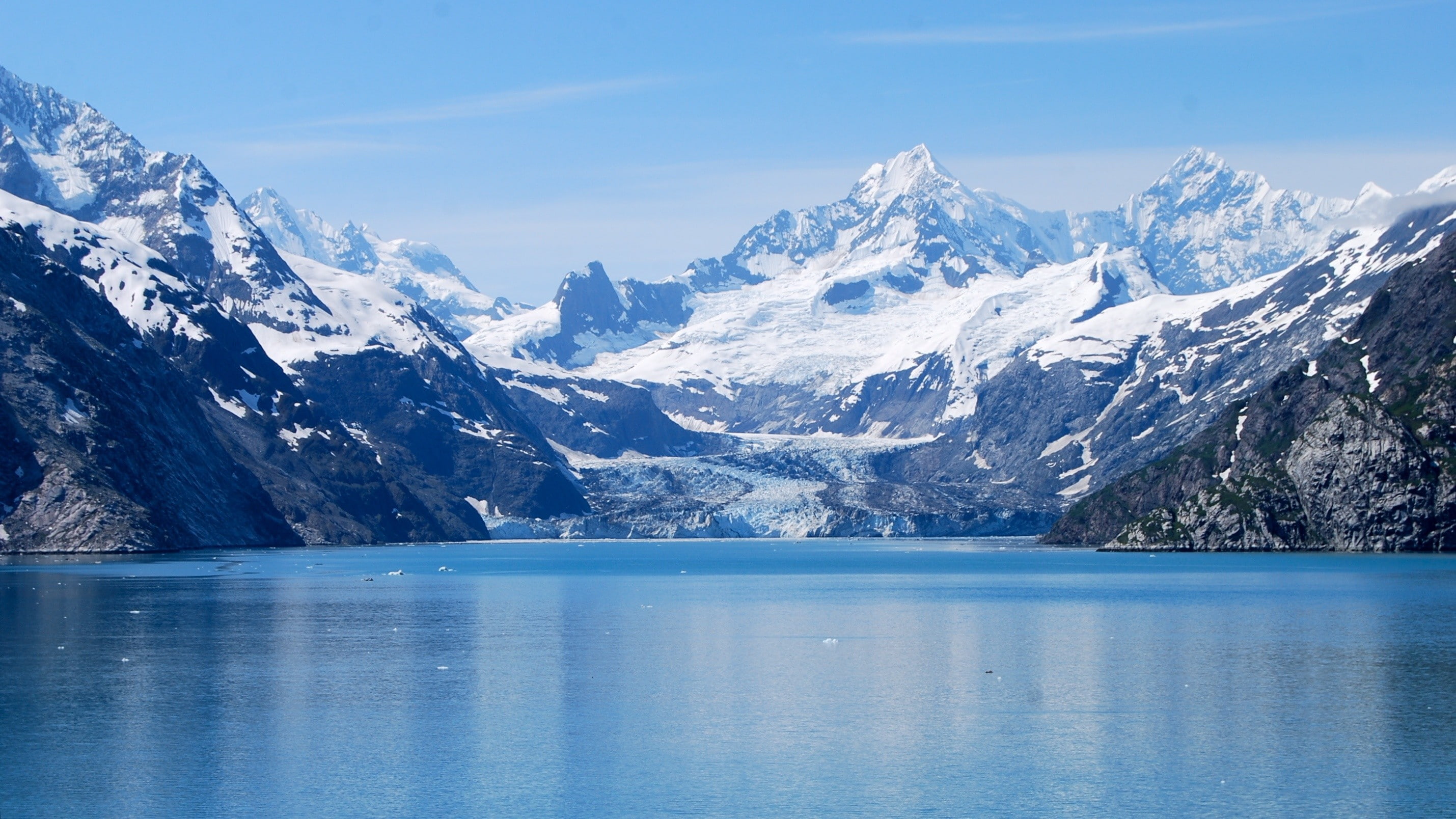 snow, glacier, mountains, 2K, lake, landscape, HD Wallpaper