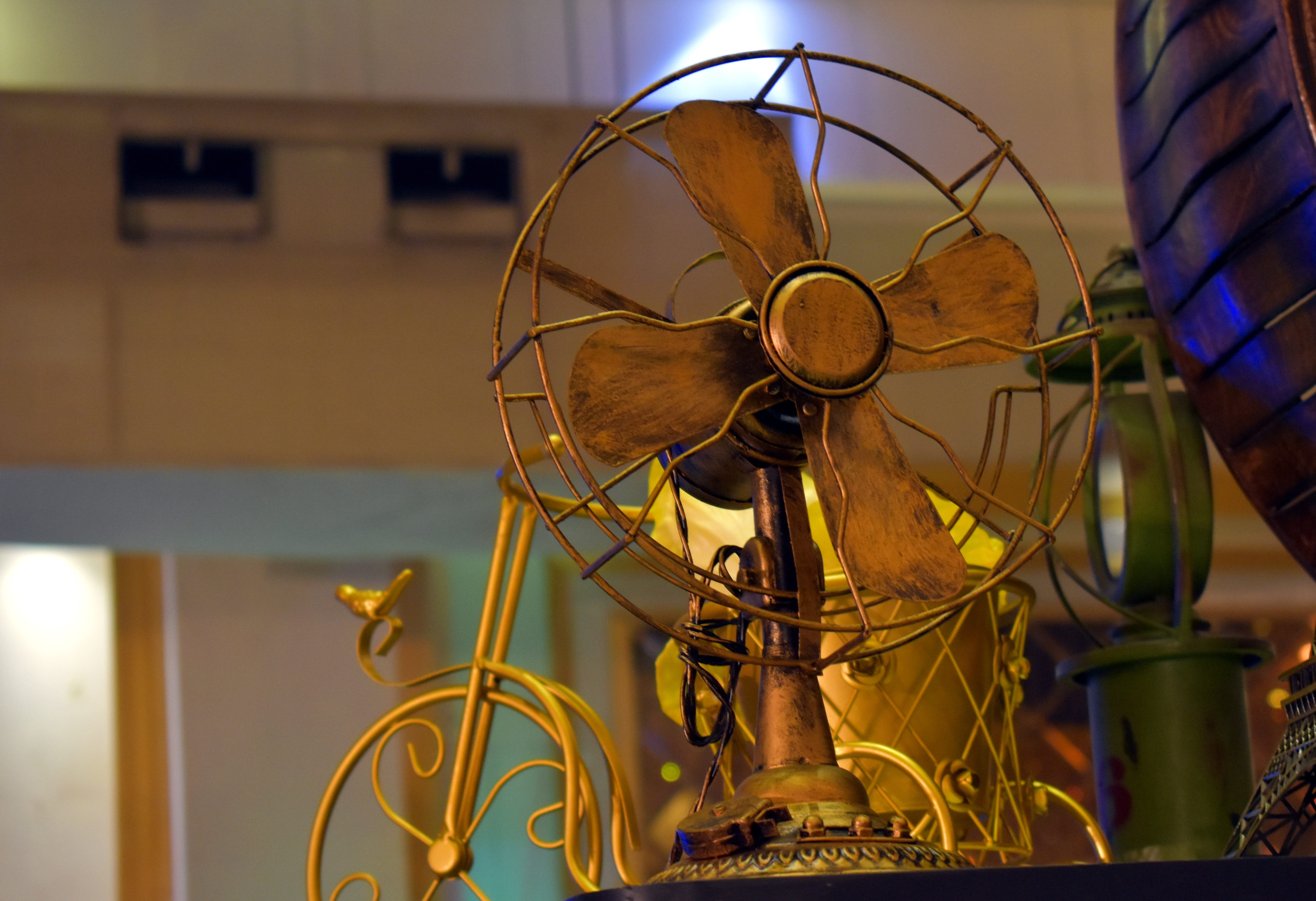 fan, show piece, brass item, power supply, antique, close-up, machine part, machinery, 4K, factory, electric fan, electricity, industrial equipment, technology, HD Wallpaper