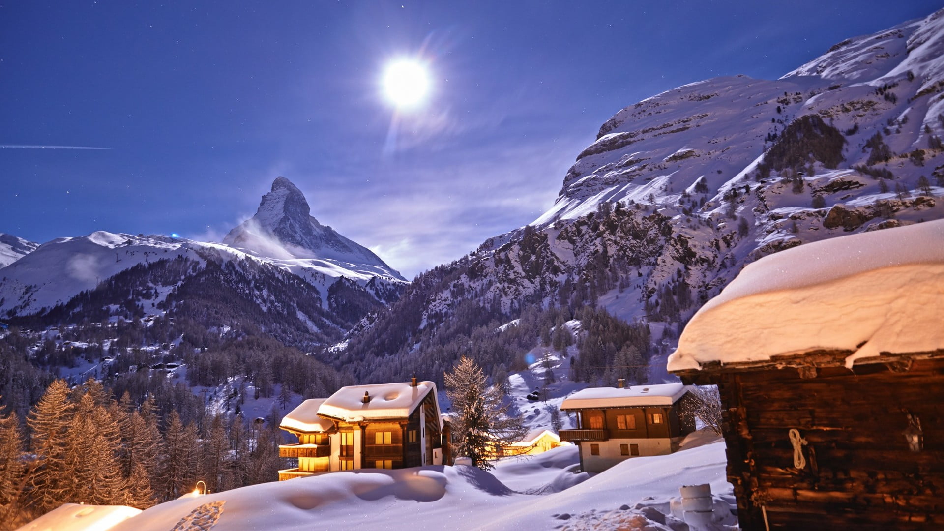 moonlight, freezing, environment, matterhorn, snowcapped mountain, mountain village, tree, travel destinations, landscape, aosta valley, mountain range, HD Wallpaper