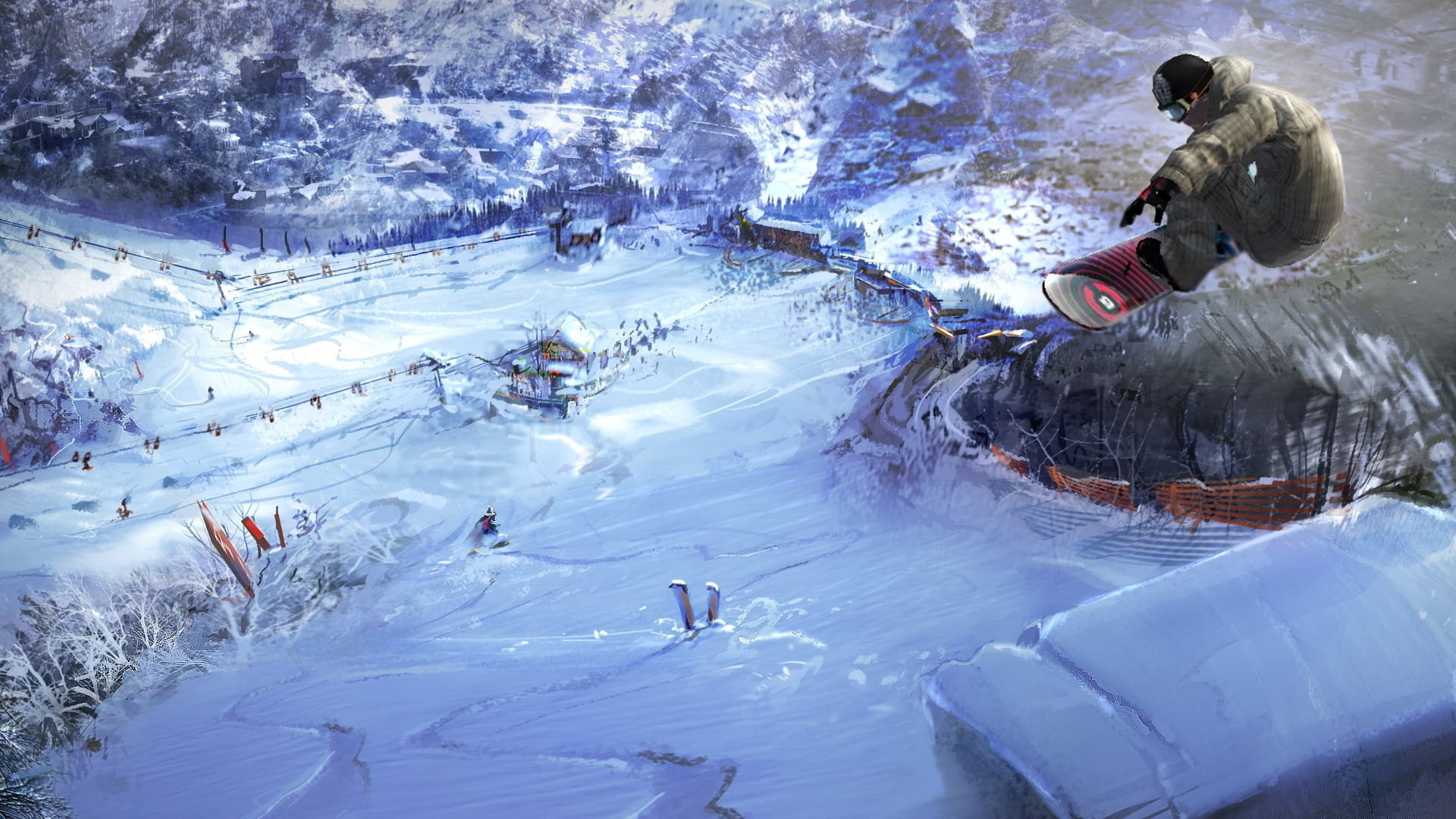 high angle view, day, village, ice, snowcapped mountain, descent, speed, snowboard, skiing, lifestyles, outdoors, travel Destinations, people, group of people, HD Wallpaper