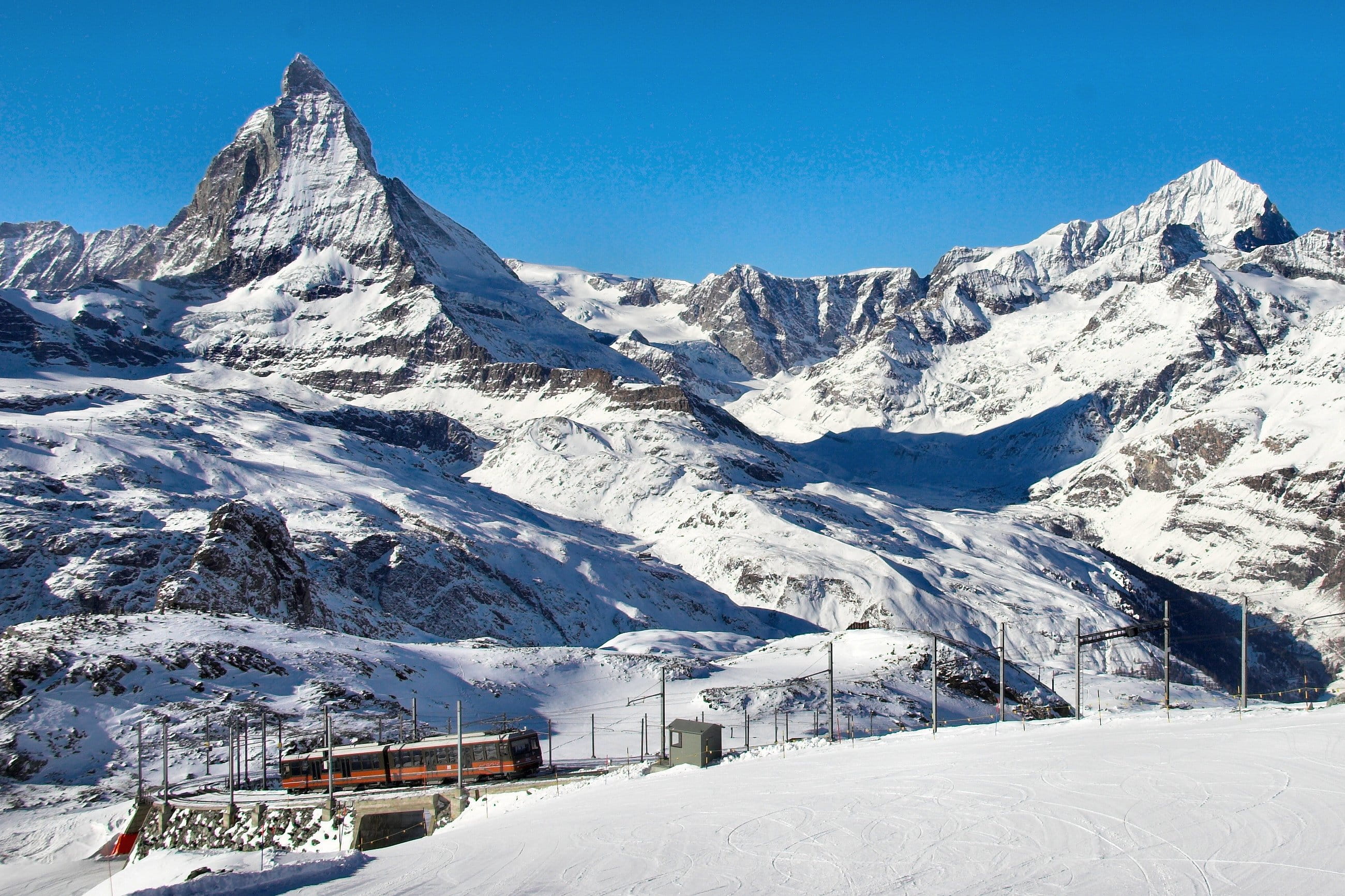 day, nature, suisse, winter dream, scenics - nature, no people, landscape, cold temperature, Mountains, snowy, Snow, Gornergrat, built structure, mountain range, HD Wallpaper