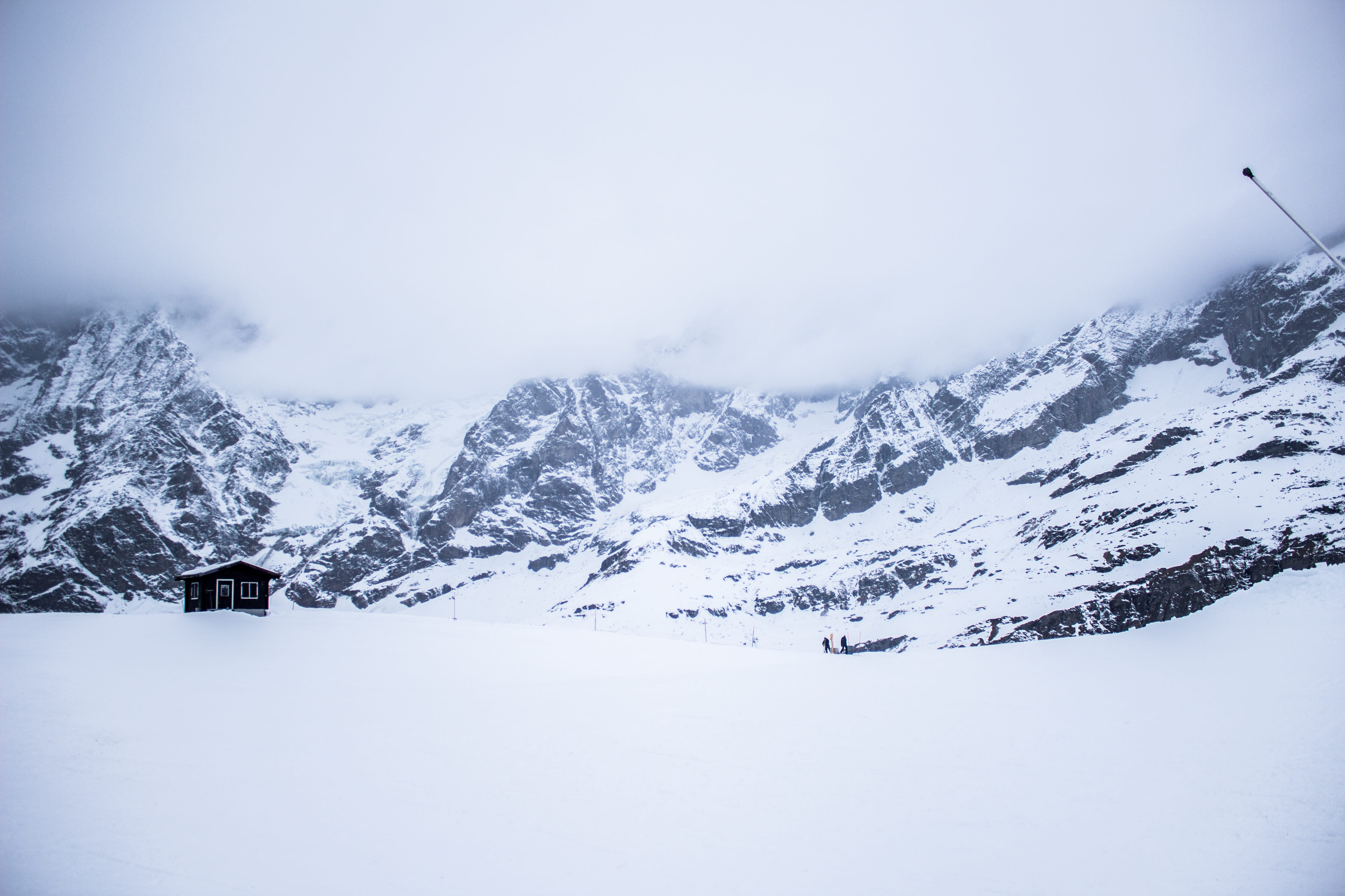 sky, House, outdoors, Alps, cold temperature, coniferous tree, snowcapped mountain, pine tree, no people, Italy, Mountains, ski resort, day, environment, HD Wallpaper