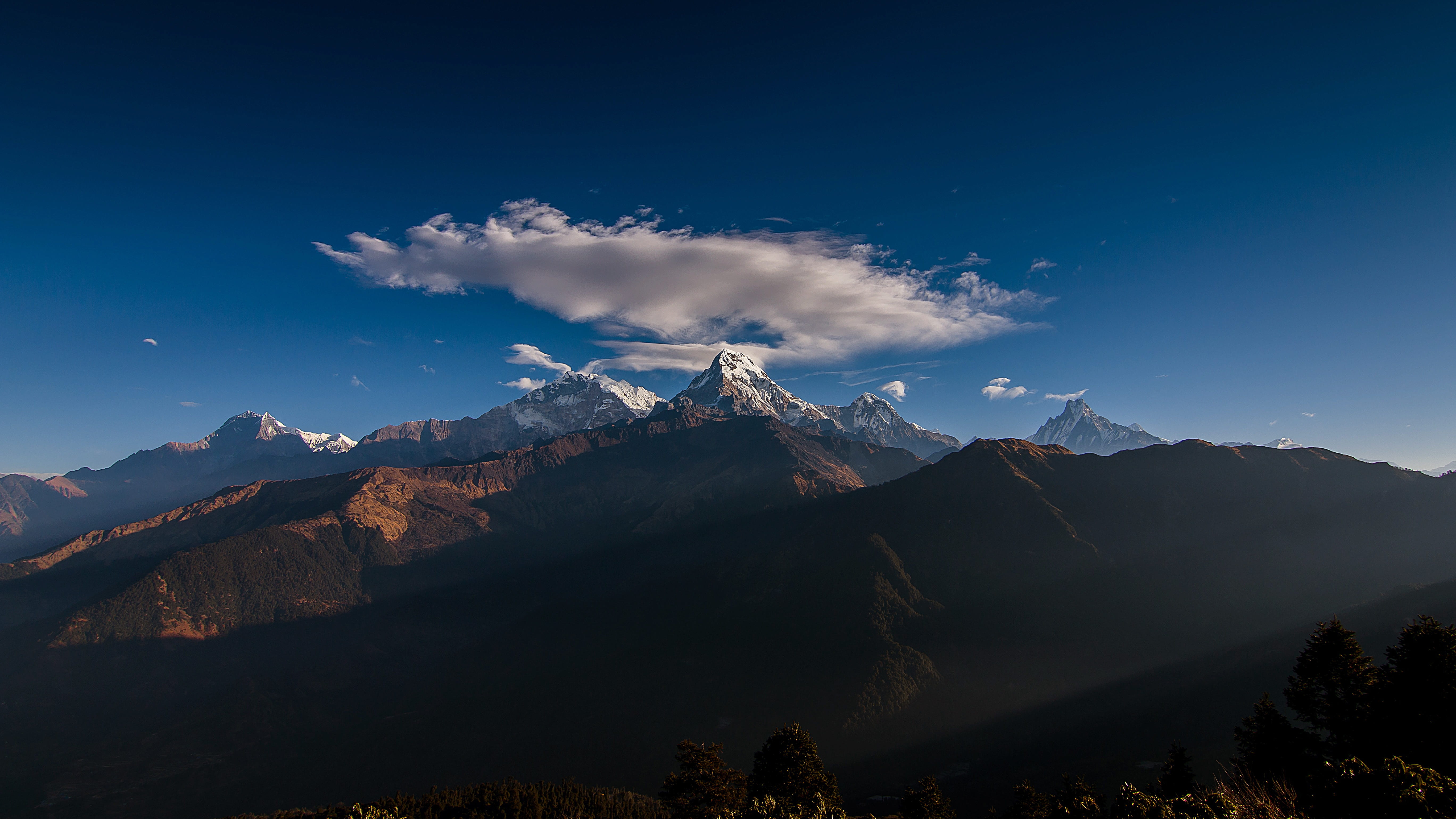 snowcapped mountain, environment, dawn, no people, scenics - nature, winter, 5K, beauty in nature, summer, annapurna, coniferous tree, outdoors, nepal, HD Wallpaper
