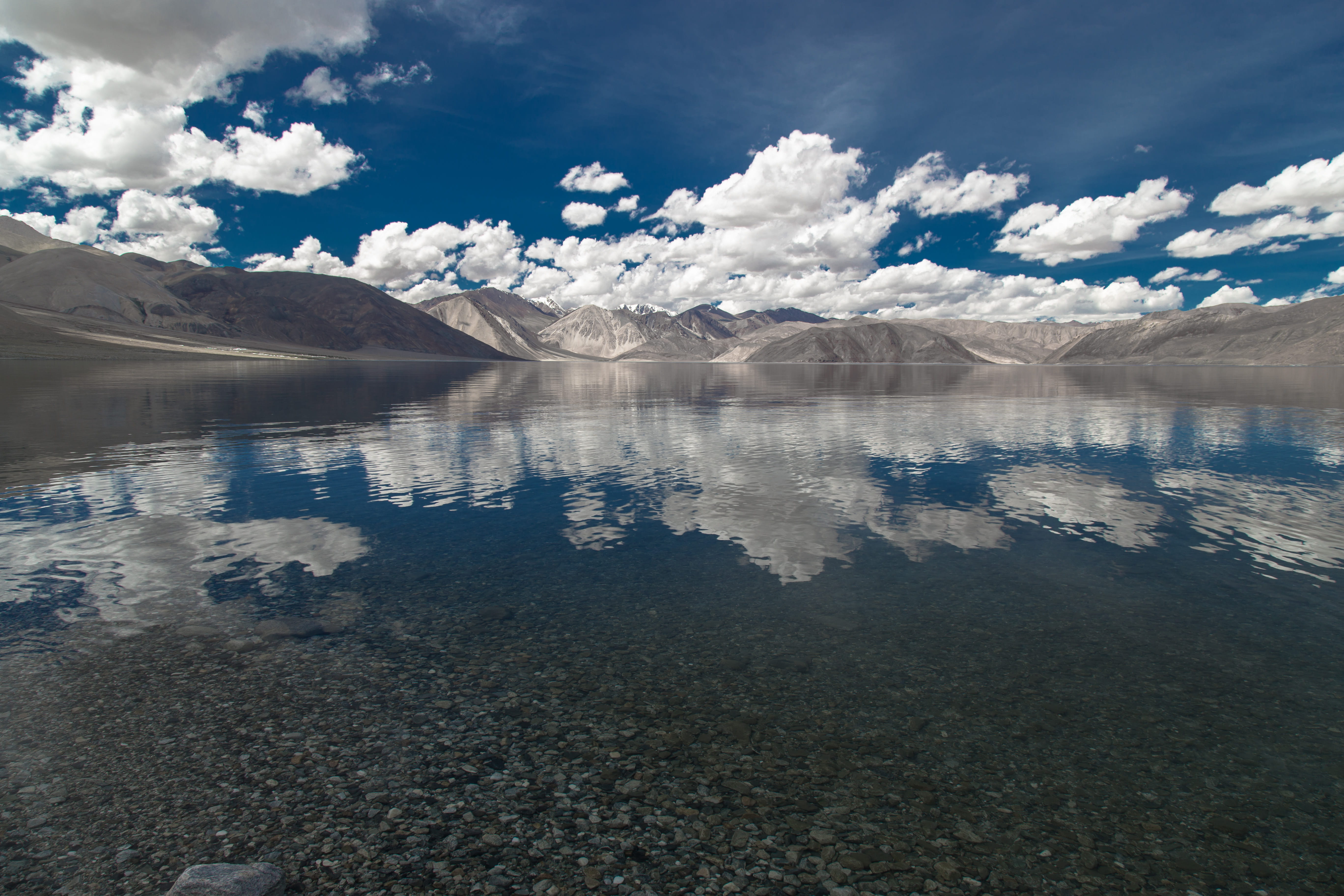 nature, water, tranquility, 5K, day, sky, beauty in nature, snowcapped mountain, lake, lagoon, clouds, pangong tso, blue, mountain range, terrain, environment, HD Wallpaper