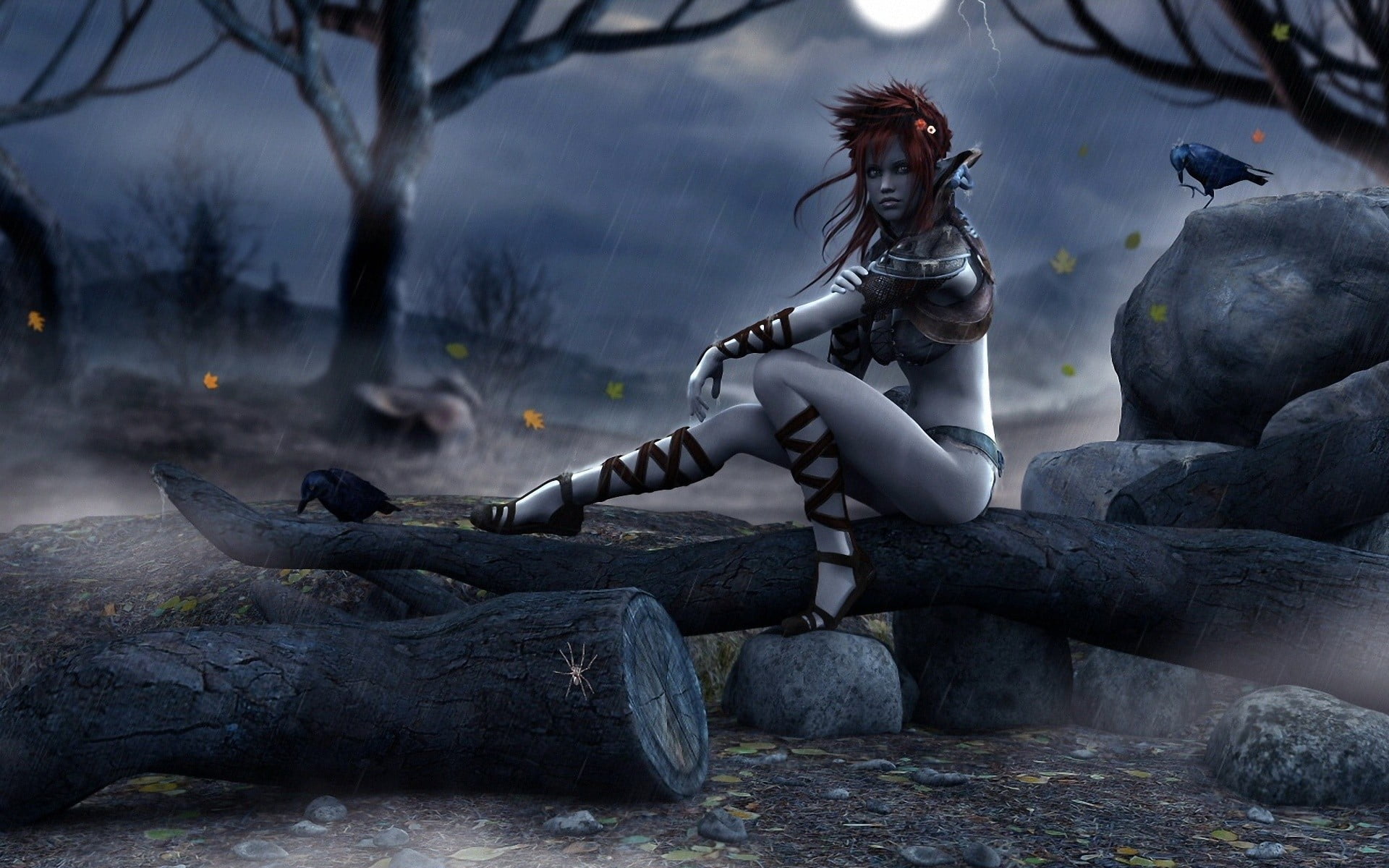 rock - object, statue, anime, solid, nature, artwork, outdoors, human representation, 1080P, creativity, forest, art and craft, fantasy art, iillustration, HD Wallpaper
