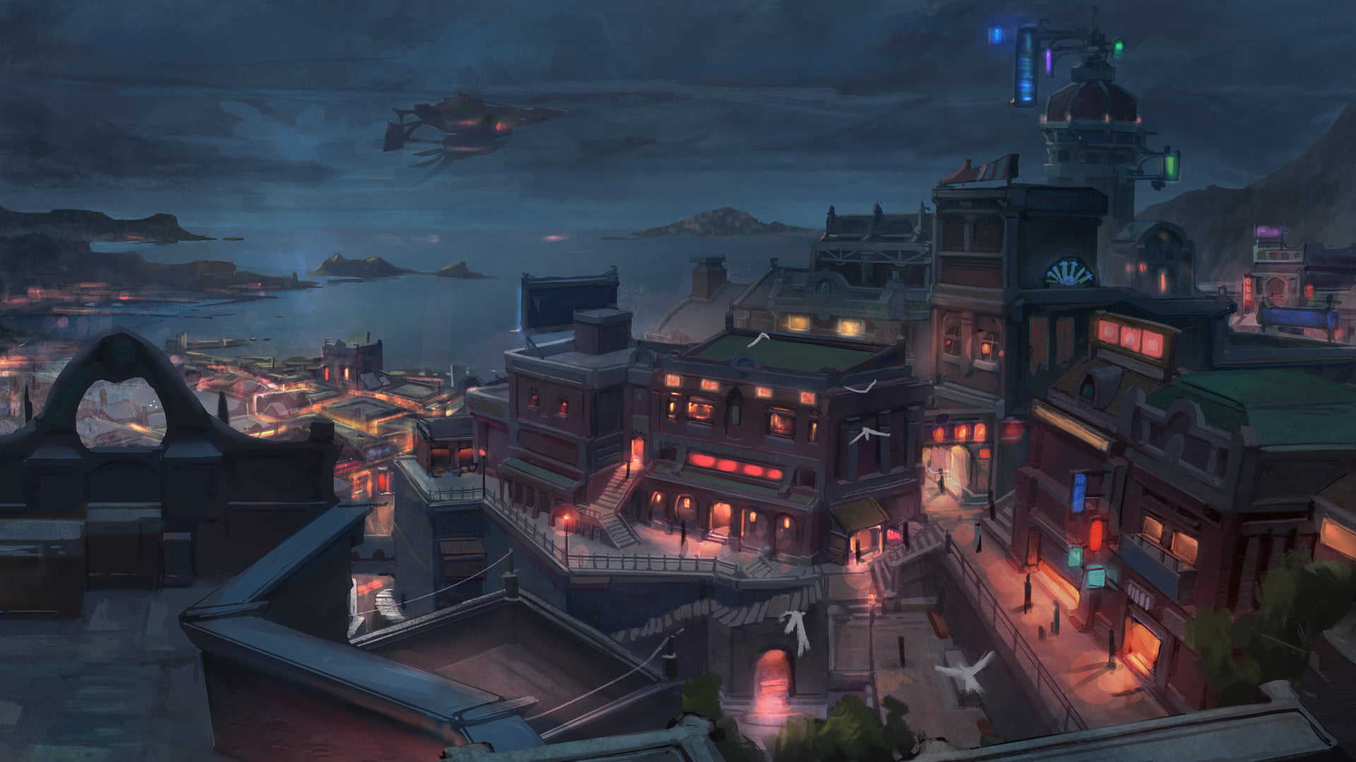 cityscape, dusk, illuminated, religion, mountain, village, scenics, spirituality, tourism, sky, cultures, ancient, fantasy art, night, city, high angle view, HD Wallpaper