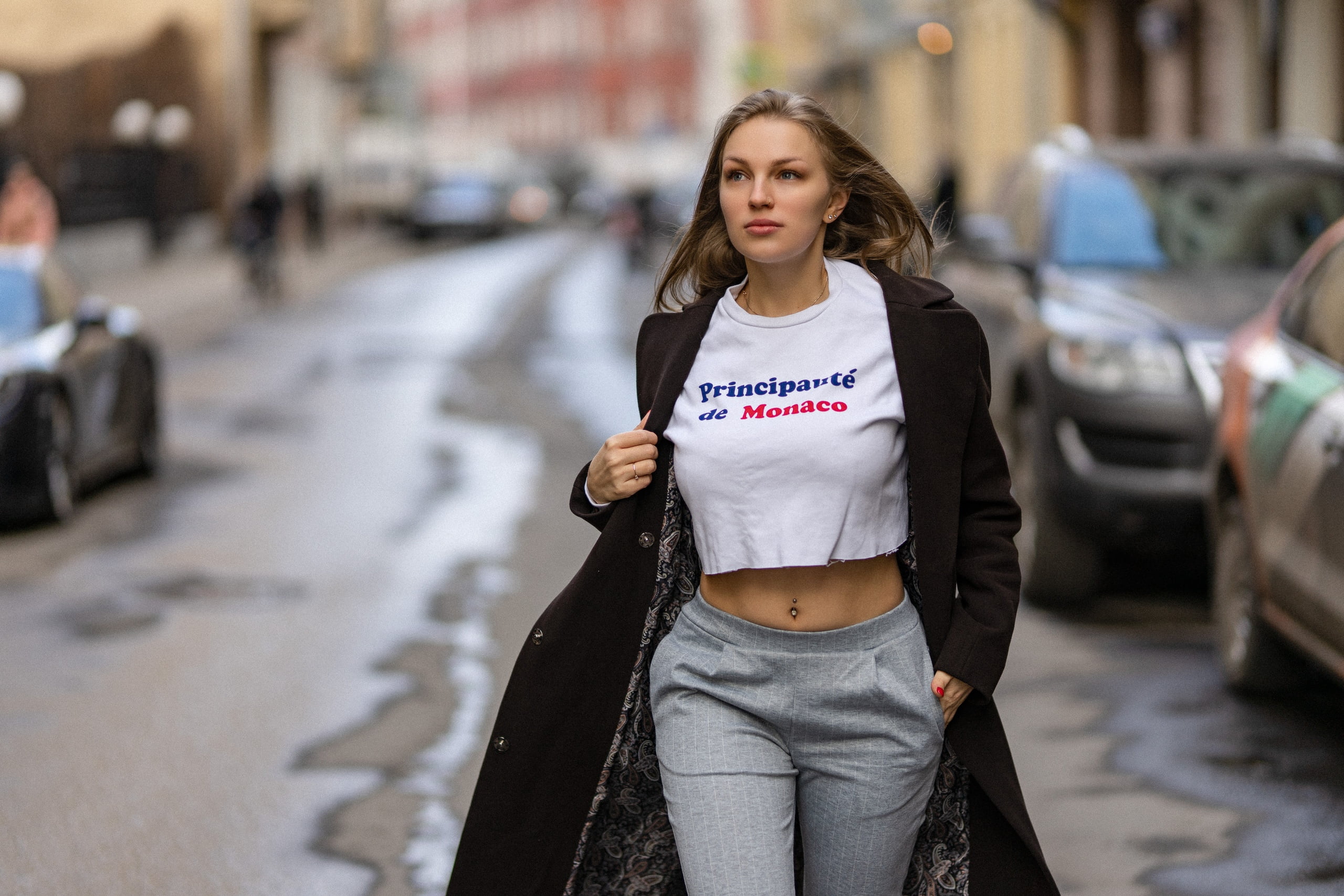 blonde, coats, urban, open coat, Ilya Pistoletov, necklace, outdoors, looking away, nose rings, painted nails, street, pants, pierced navel, belly, women, HD Wallpaper