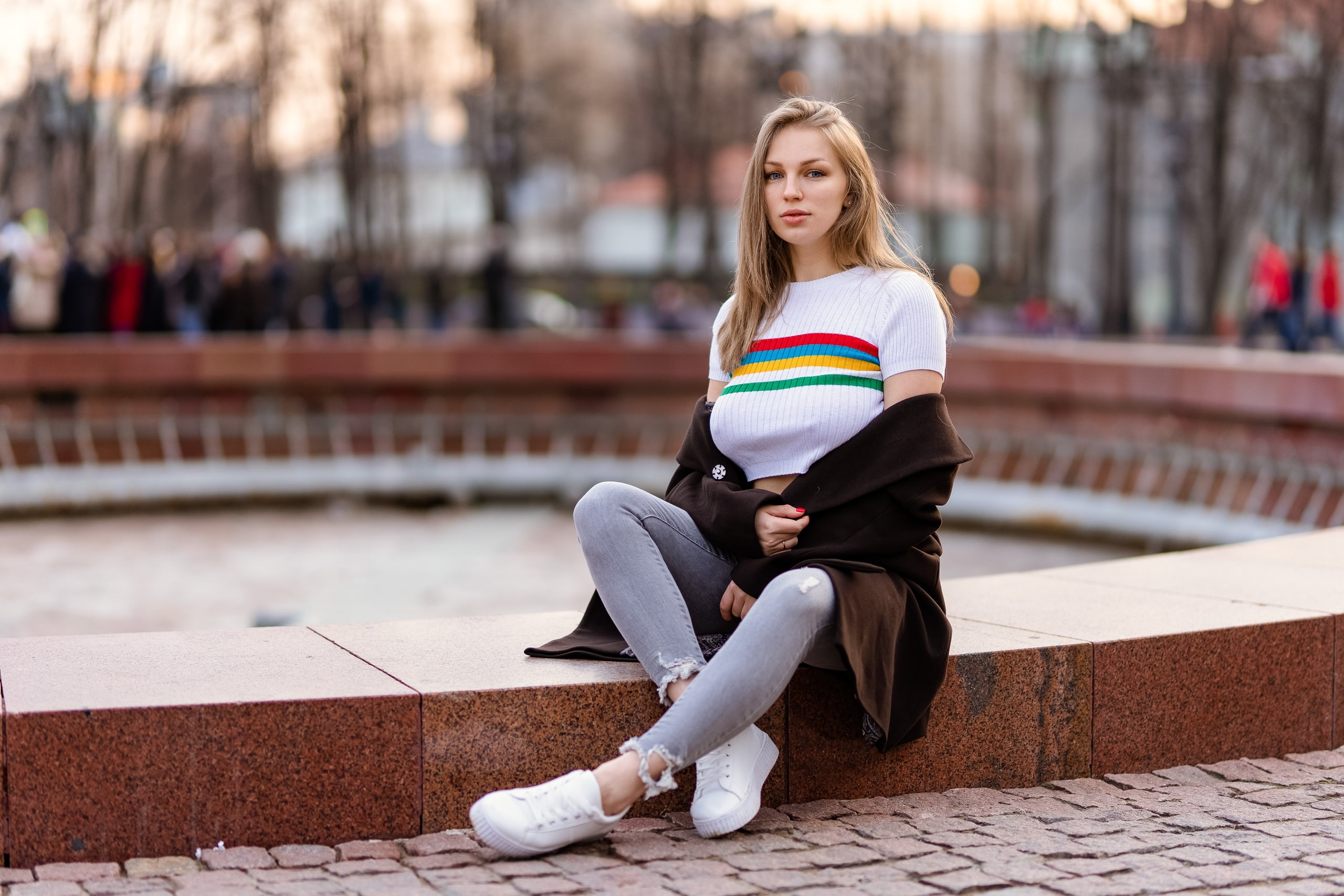 blonde, sitting, coats, red nails, outdoors, women outdoors, jeans, crop top, painted nails, nose rings, Anna Bykanova, depth of field, Ilya Pistoletov, HD Wallpaper