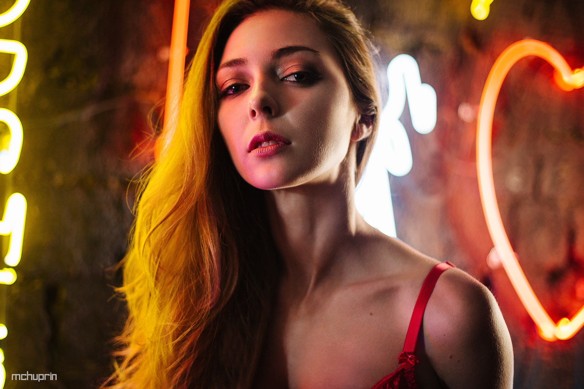 indoors, portrait, Maksim Chuprin, looking at viewer, brunette, model, depth of field, bra straps, face, women, Anastasia Sujorukova, neon lights, 1080P, HD Wallpaper