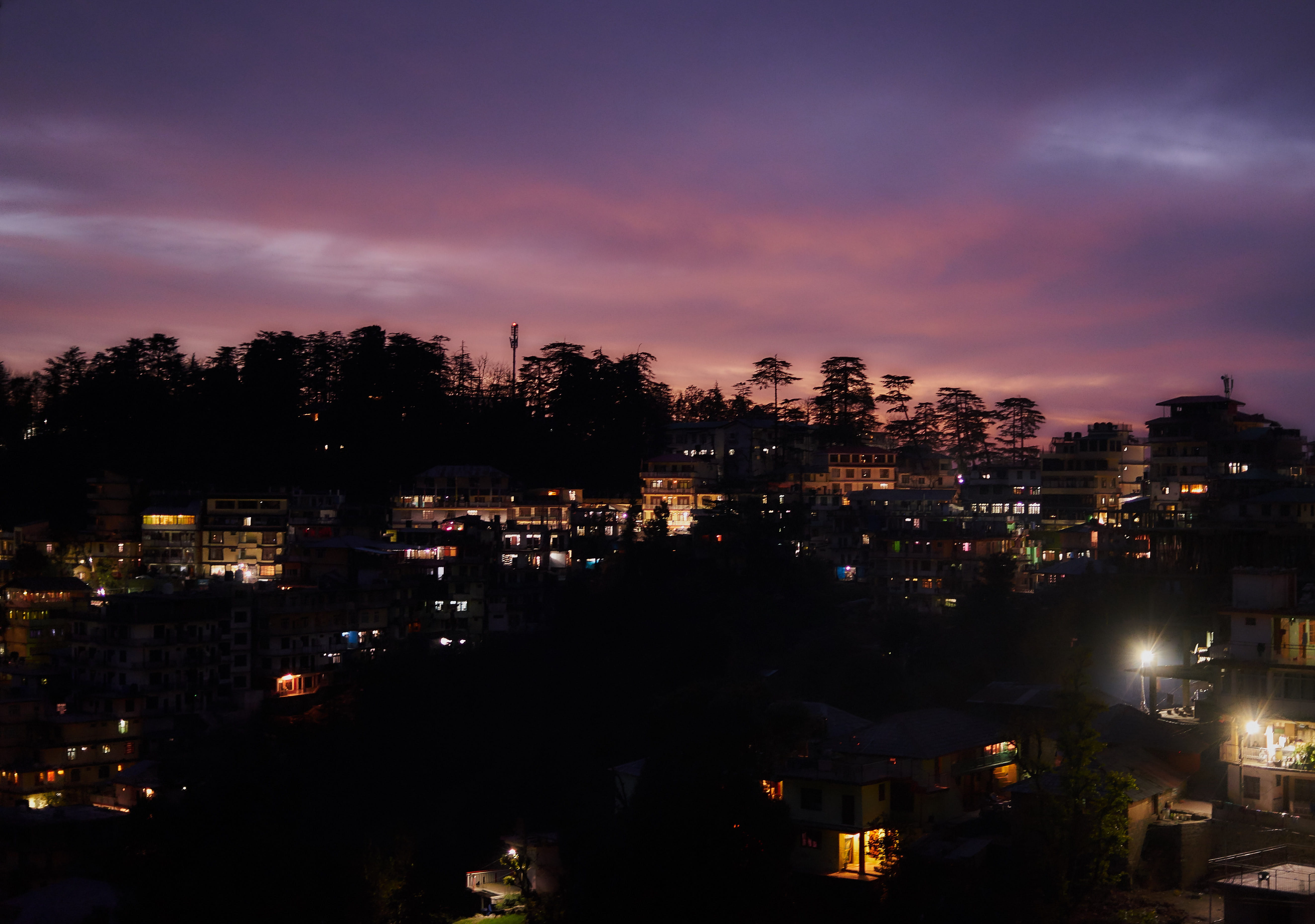 night, illuminated, sky, mountains, architecture, no people, plant, high angle view, mcleod ganj, nature, city life, 5K, residential district, tree, cityscape, HD Wallpaper