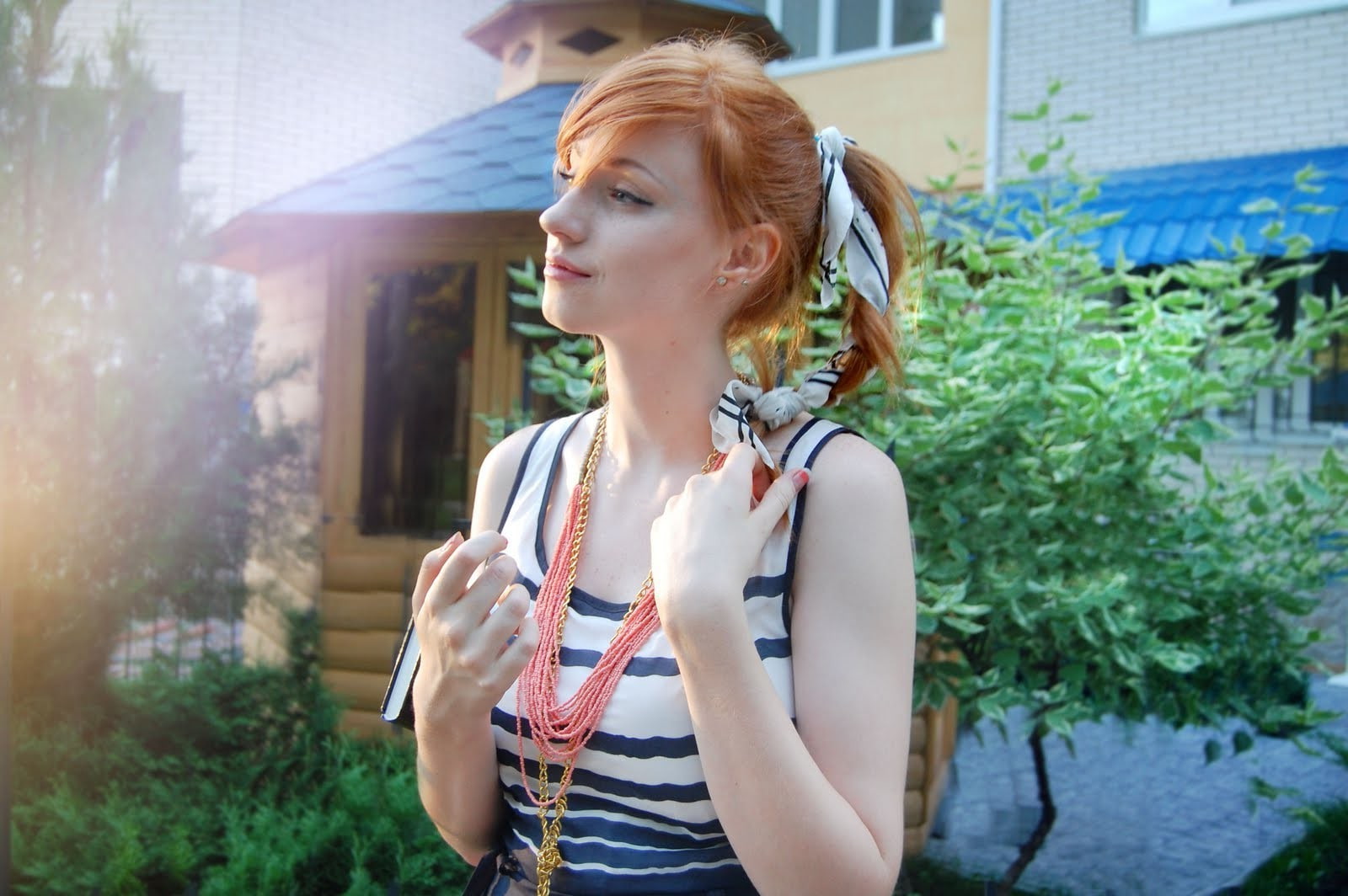720P, Looking Away, redhead, women, Women Outdoors, Ponytail, Alina Kovalenko, Fishtail Braid, Striped Clothing, HD Wallpaper