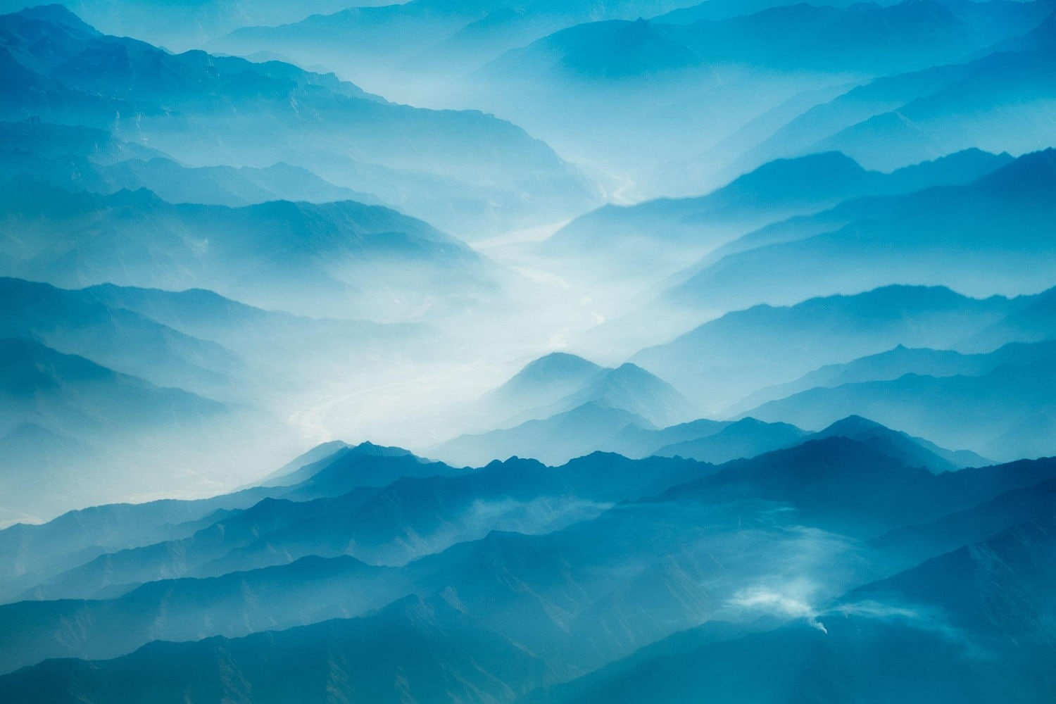 sky, majestic, morning, beauty in nature, tranquil scene, mountains, aerial view, landscape, no people, fog, cloud - sky, cyan, outdoors, idyllic, nature, HD Wallpaper