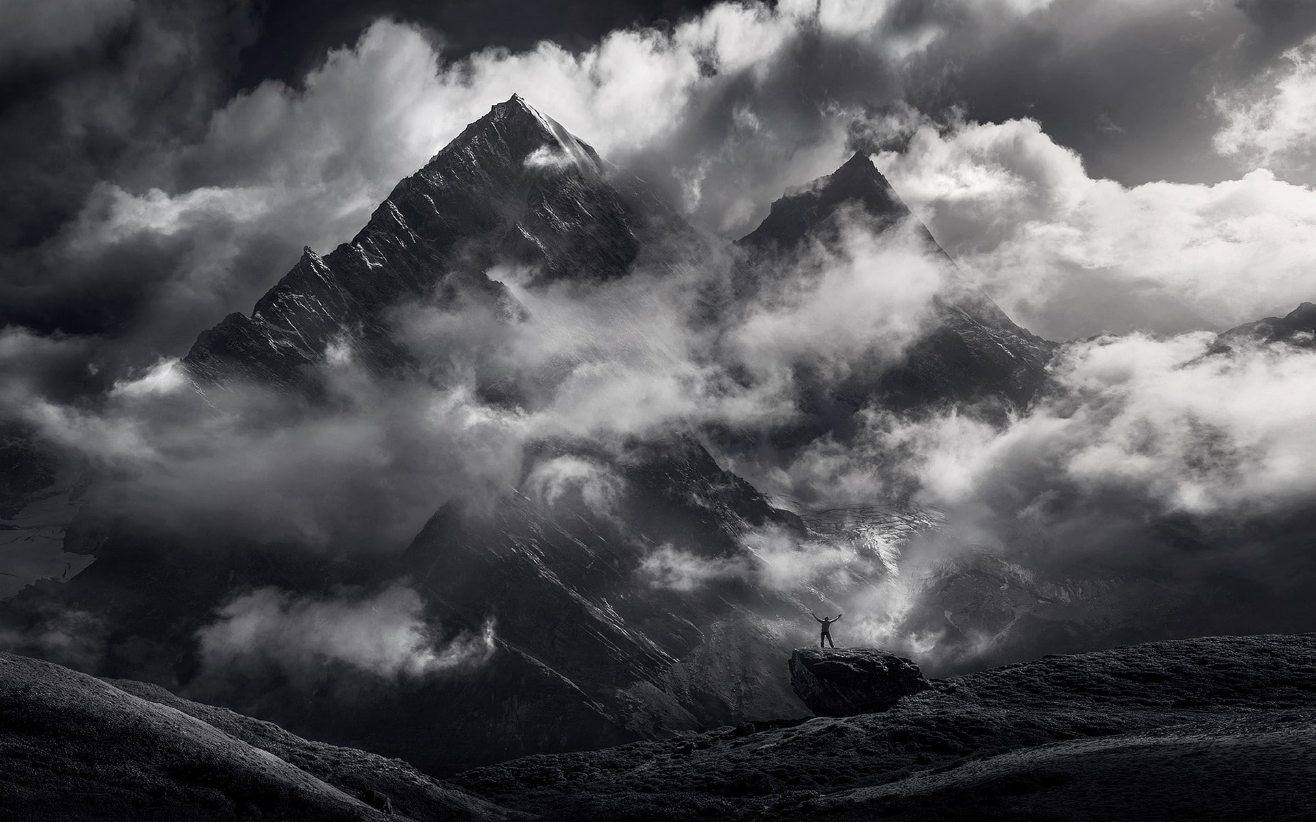 landscape, sky, storm, dramatic sky, outdoors, nature, fog, no people, solid, mountain, power in nature, clouds, tranquility, rock - object, ominous, tranquil scene, HD Wallpaper