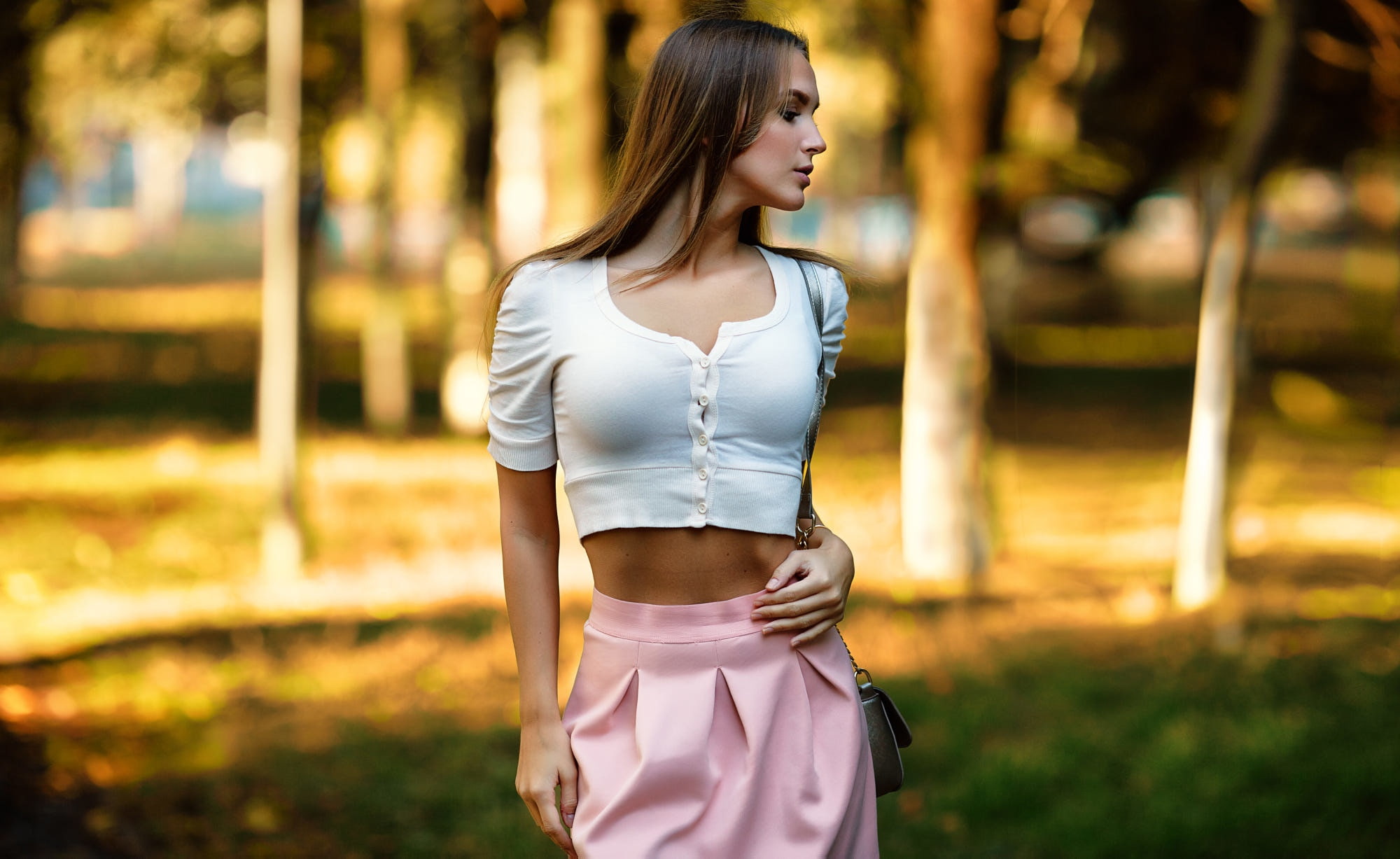 1080P, women, pink skirt, women outdoors, brunette, looking away, Peter Paszternak, white sweater, HD Wallpaper