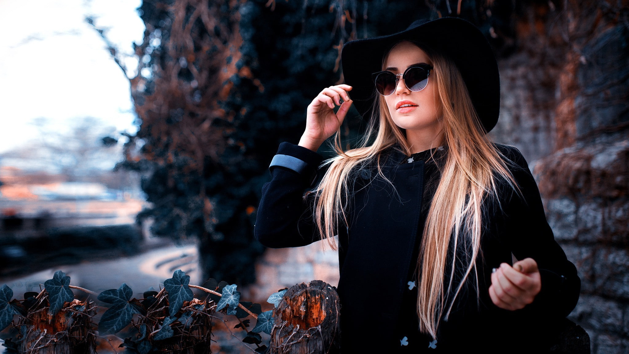 Black Clothing, Peter Paszternak, Women Outdoors, portrait, 1080P, sunglasses, women, Blonde, hat, HD Wallpaper