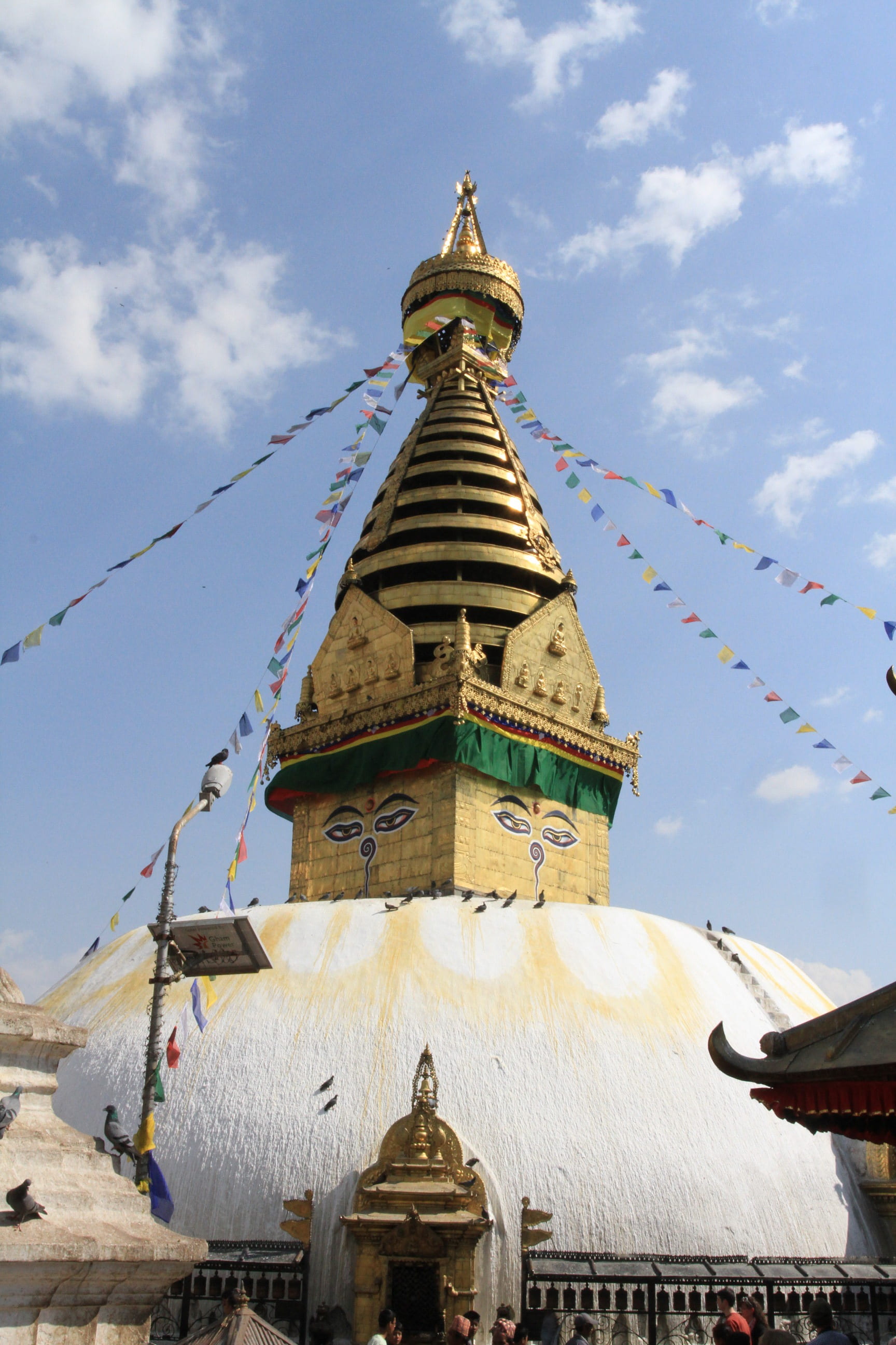 building, no people, building exterior, swayambhu, sky, flag, 2K, built structure, buddhism, spire, bunting, religion, nepal, place of worship, buddha, Phone HD Wallpaper