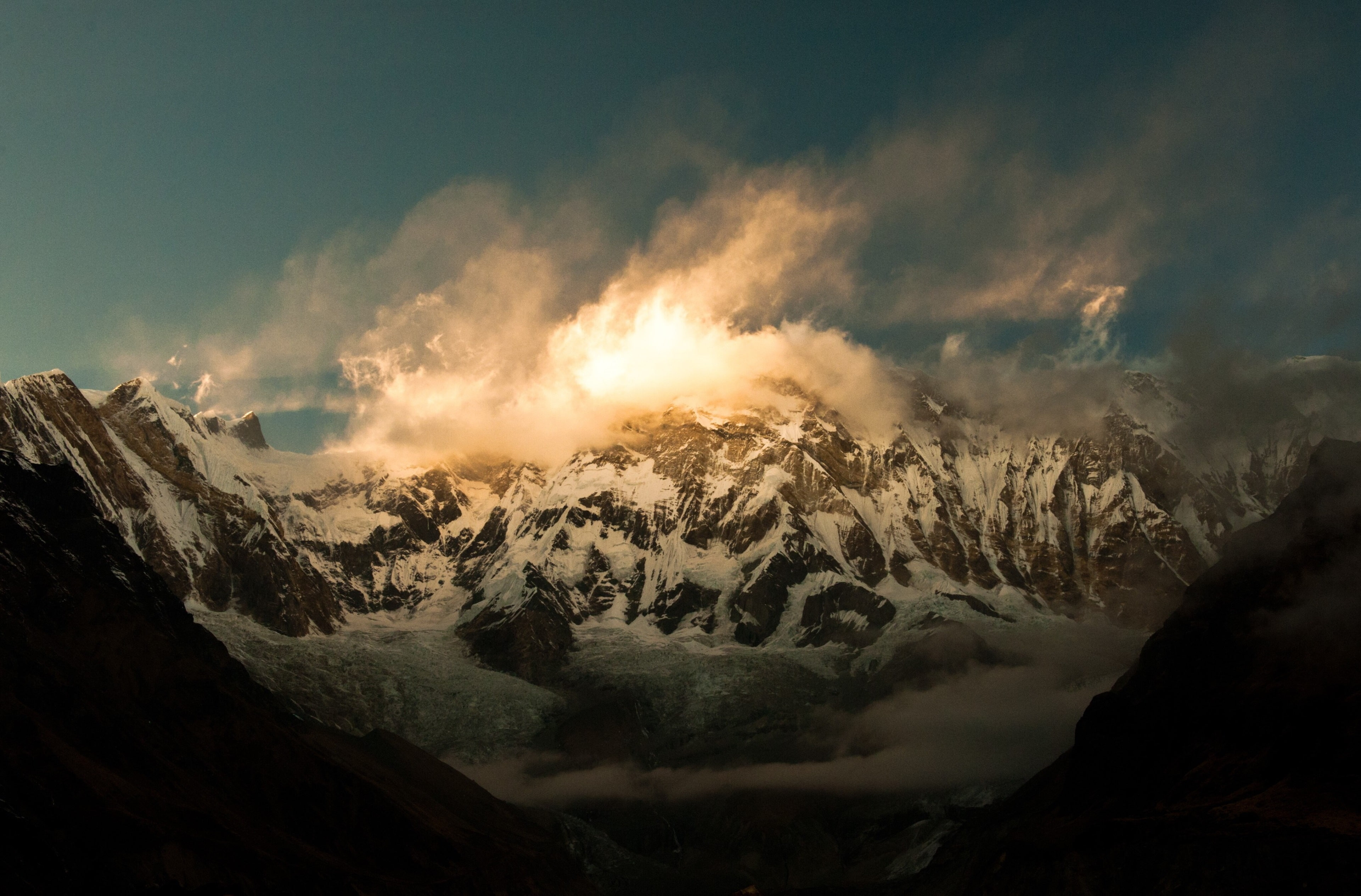 sky, nature, snow, landscape, mountain range, no people, annapurna 4k pic of pretty, winter, snowcapped mountain, tranquility, cloud - sky, cold temperature, HD Wallpaper