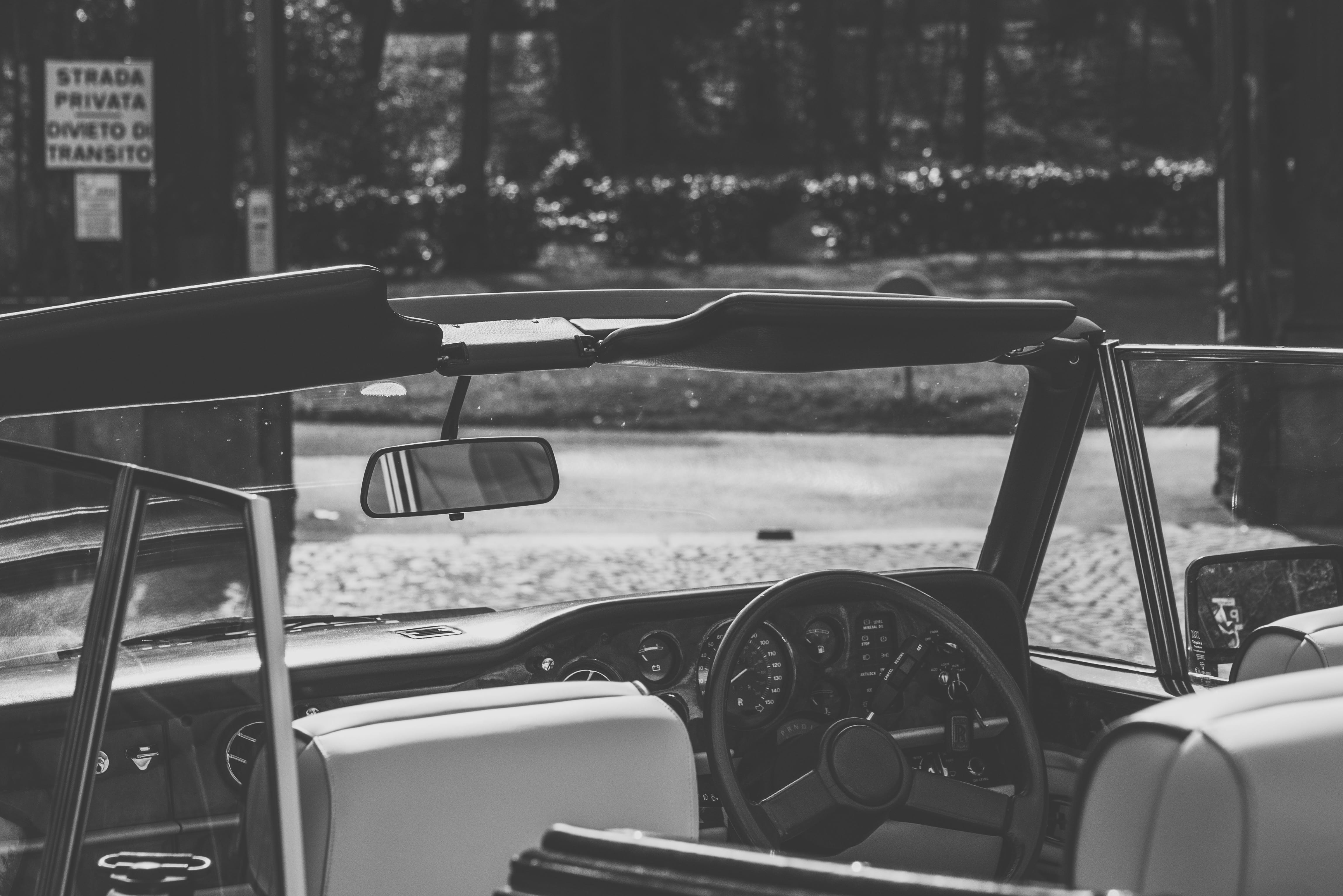windshield, water, mode of transportation, vintage, rear-view mirror, car, motor vehicle, vehicle interior, engine, bw, day, white, black, control panel, HD Wallpaper