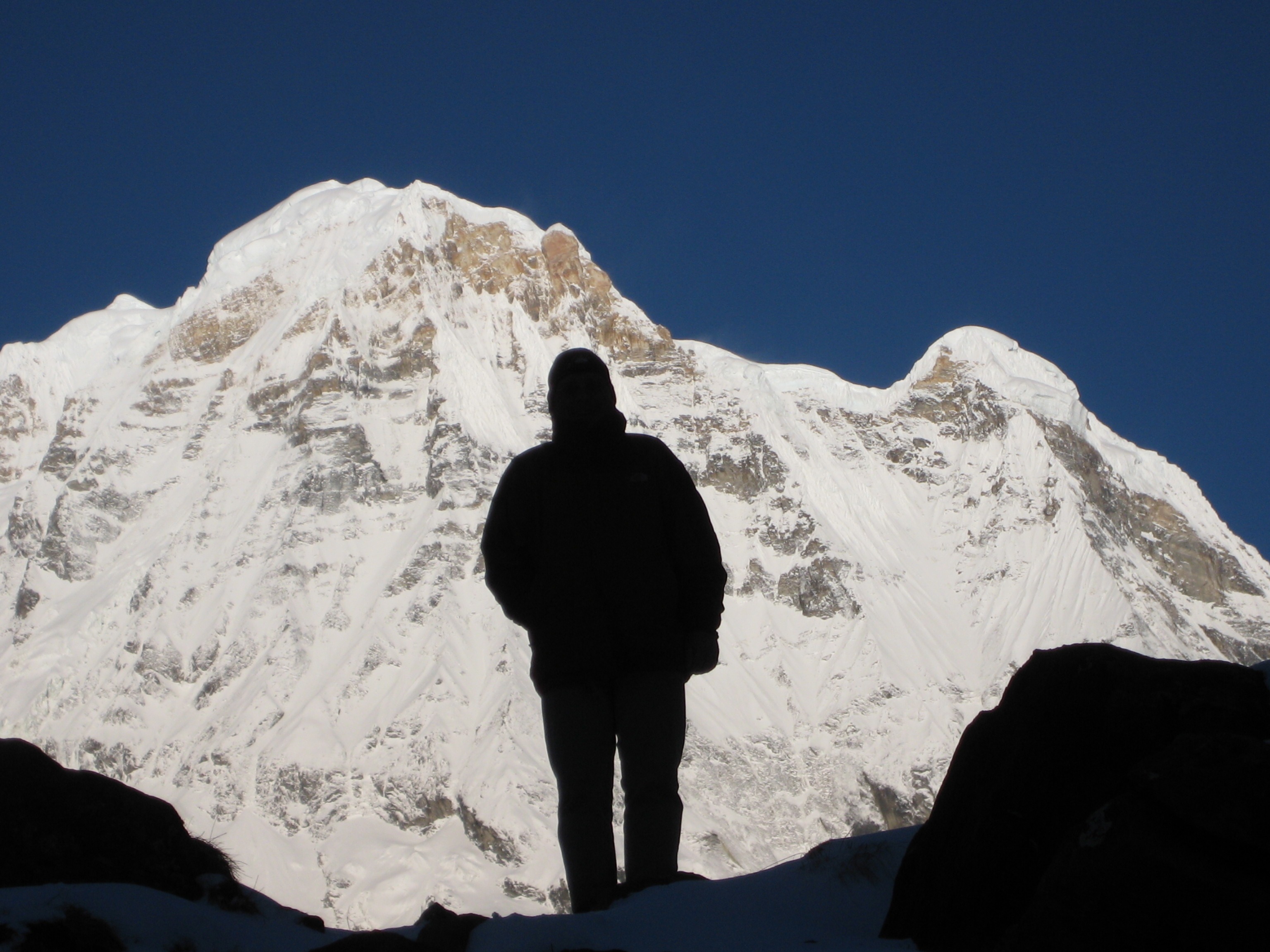 outdoors, one person, snowcapped mountain, rear view, wanderer, nepal, sport, 2K, 8000, cold temperature, photography, nature, sky, people, mountain range, HD Wallpaper