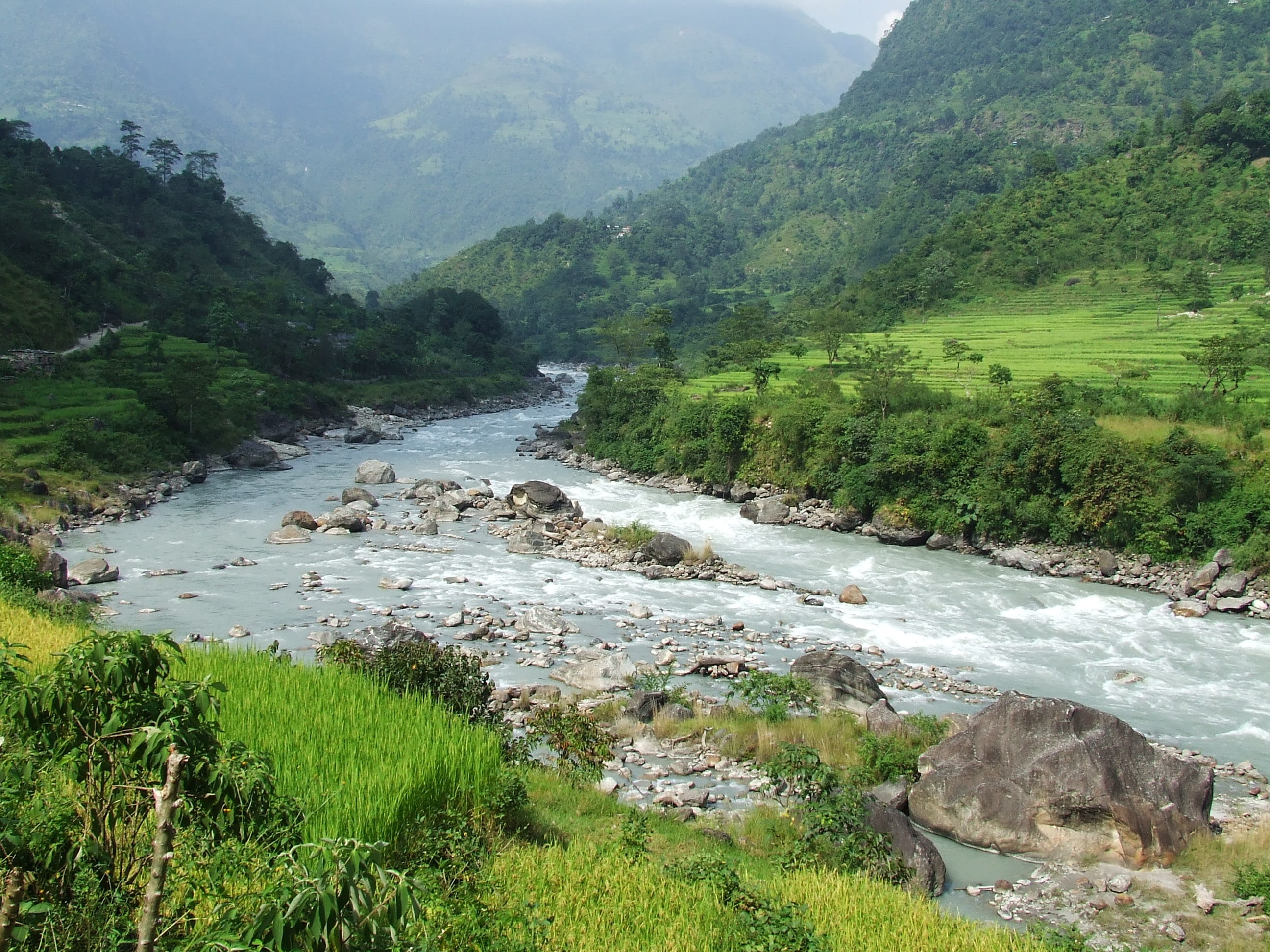 tranquil scene, nepal, mountain, flowing, mountains, rocks, non-urban scene, river, stones, plant, environment, idyllic, land, trekking, day, beauty in nature, HD Wallpaper