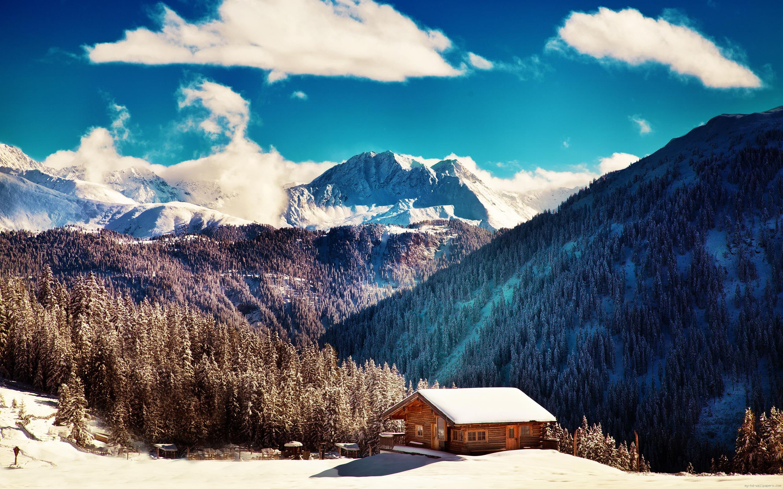 nature, brown, glacier, winter, moutain, house, snow, chalet, range, 2K, wooden, near, mountain, snowy, landscape, HD Wallpaper