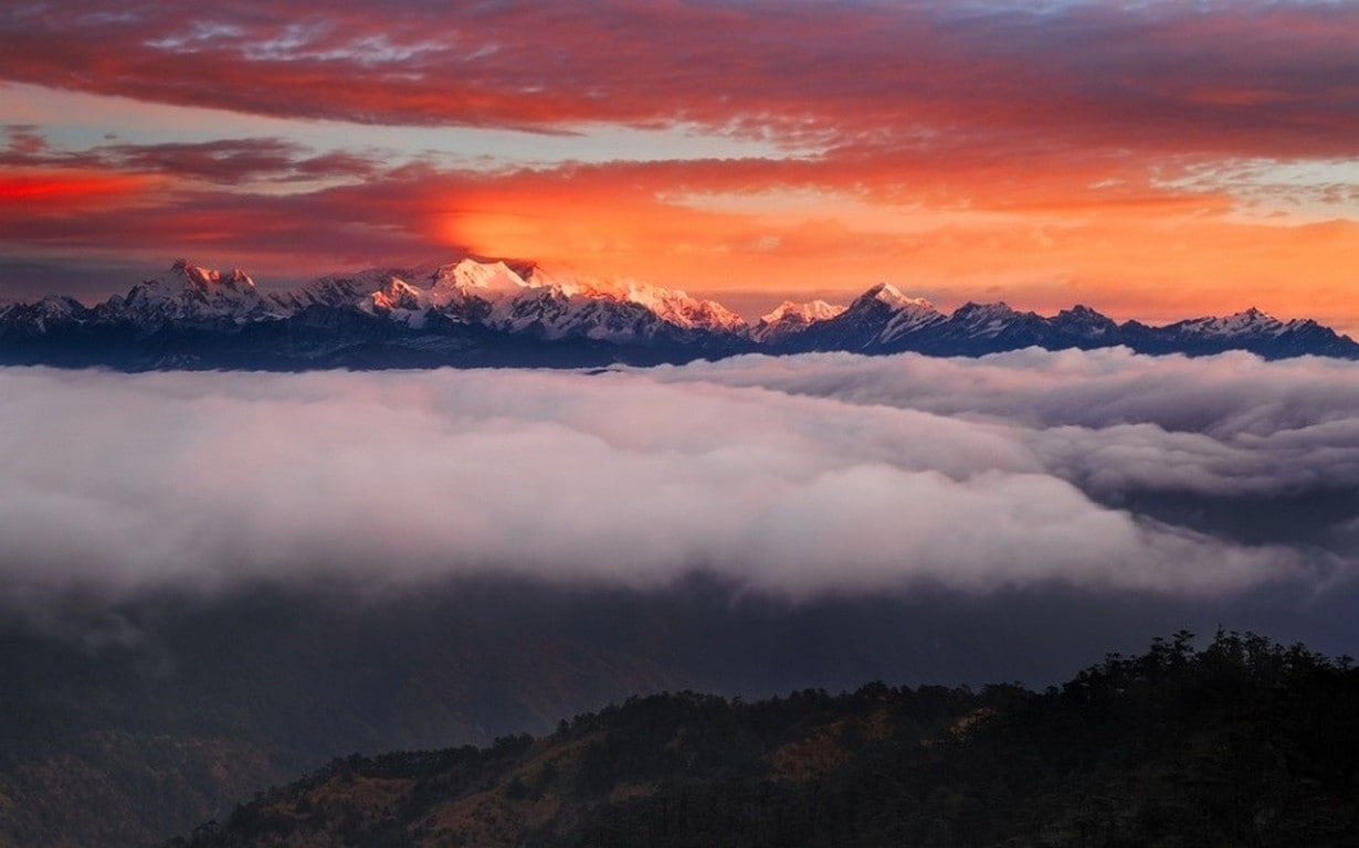 sunset, peak, landscape, moutain, snowy peak, 480P, clouds, cumulus, mountain, nature, mist, snowy, HD Wallpaper