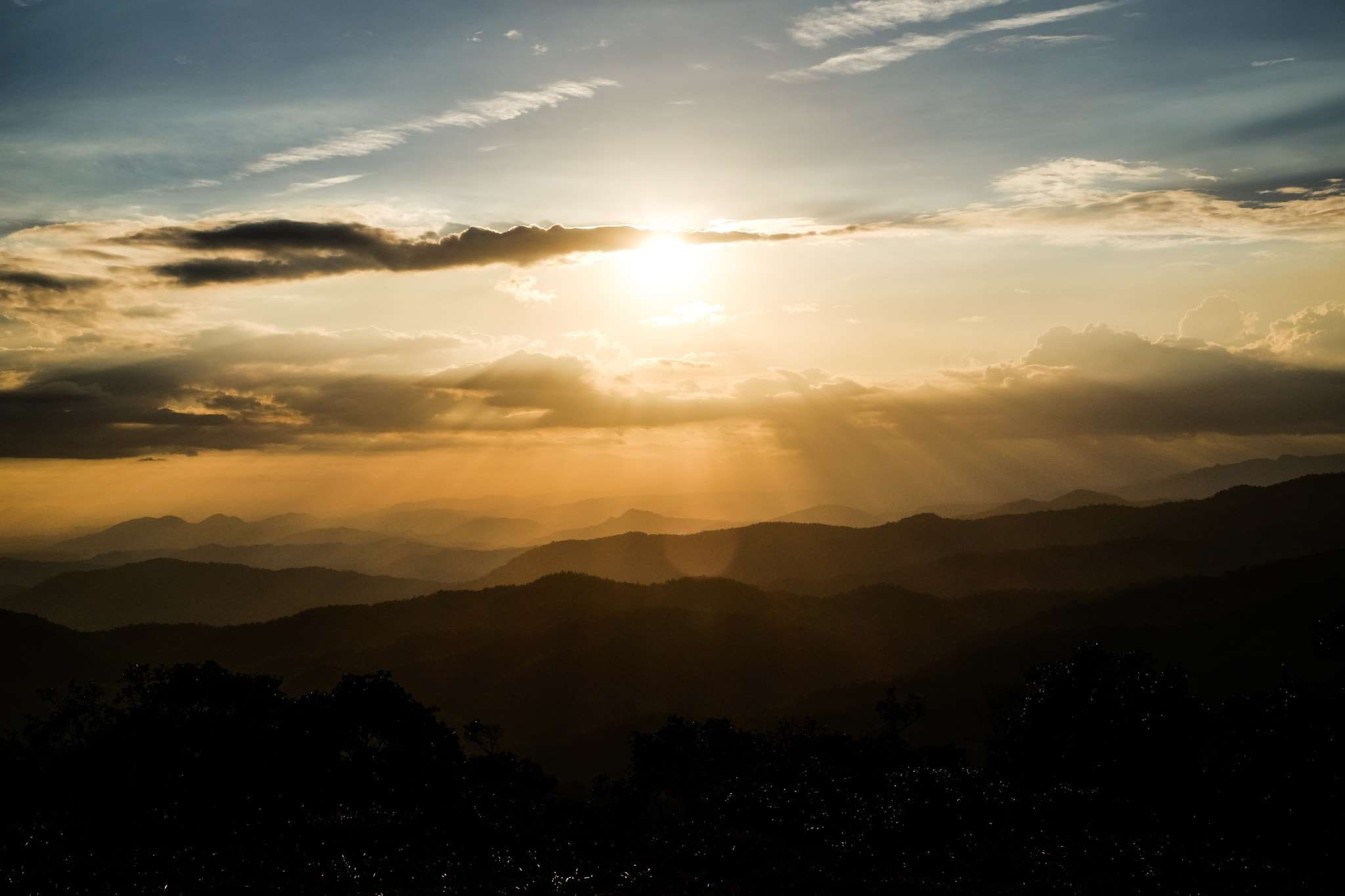 environment, mountain range, mountain, sunset, tree, tranquility, sunlight, bright, outdoors, scenics - nature, sunbeam, tranquil scene, idyllic, sky, 1080P, HD Wallpaper