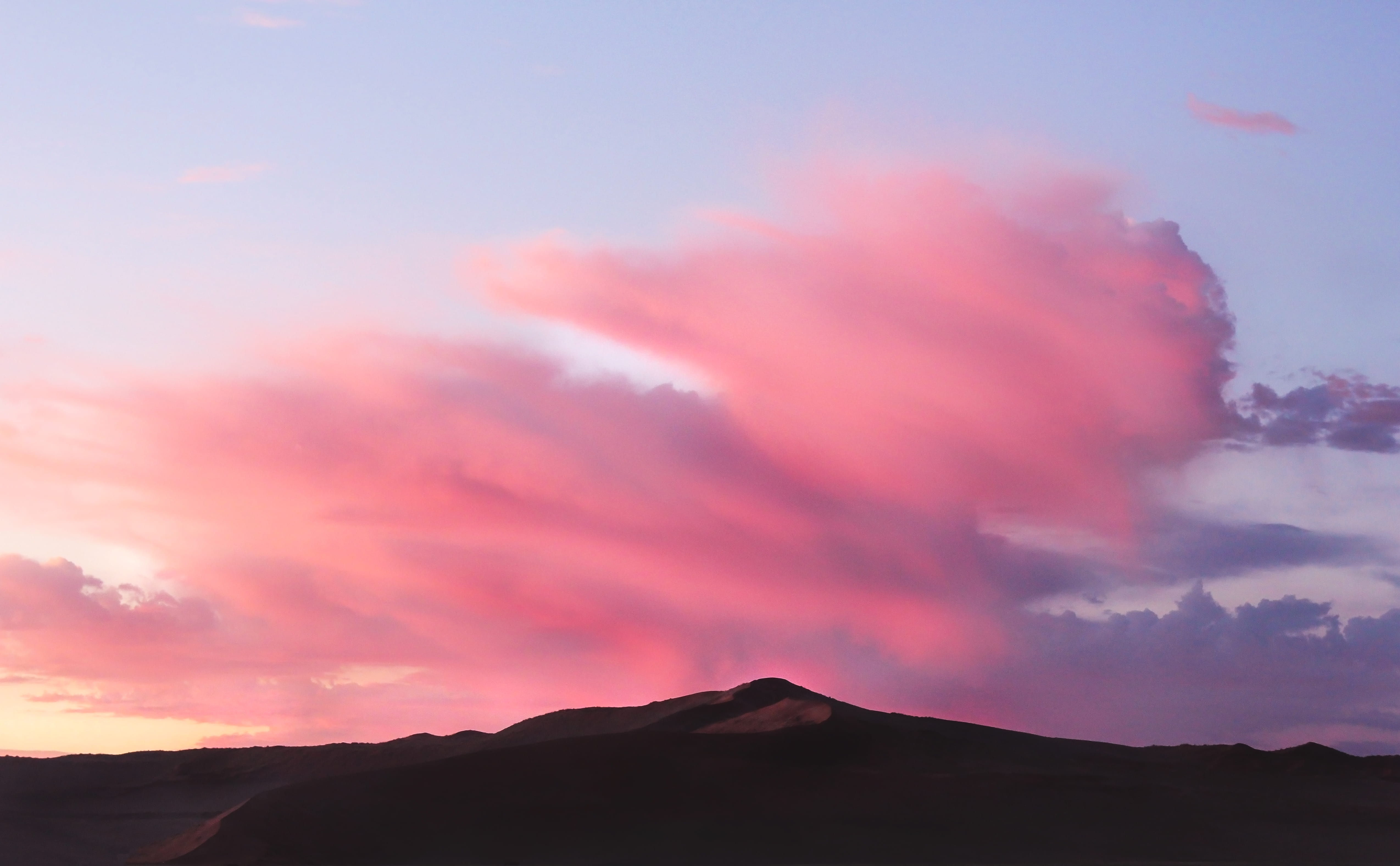 outdoors, dusk, beauty in nature, dune, pink, tranquil scene, cloud - sky, 4K, environment, power in nature, nature, sunset, mountain peak, tranquility, HD Wallpaper